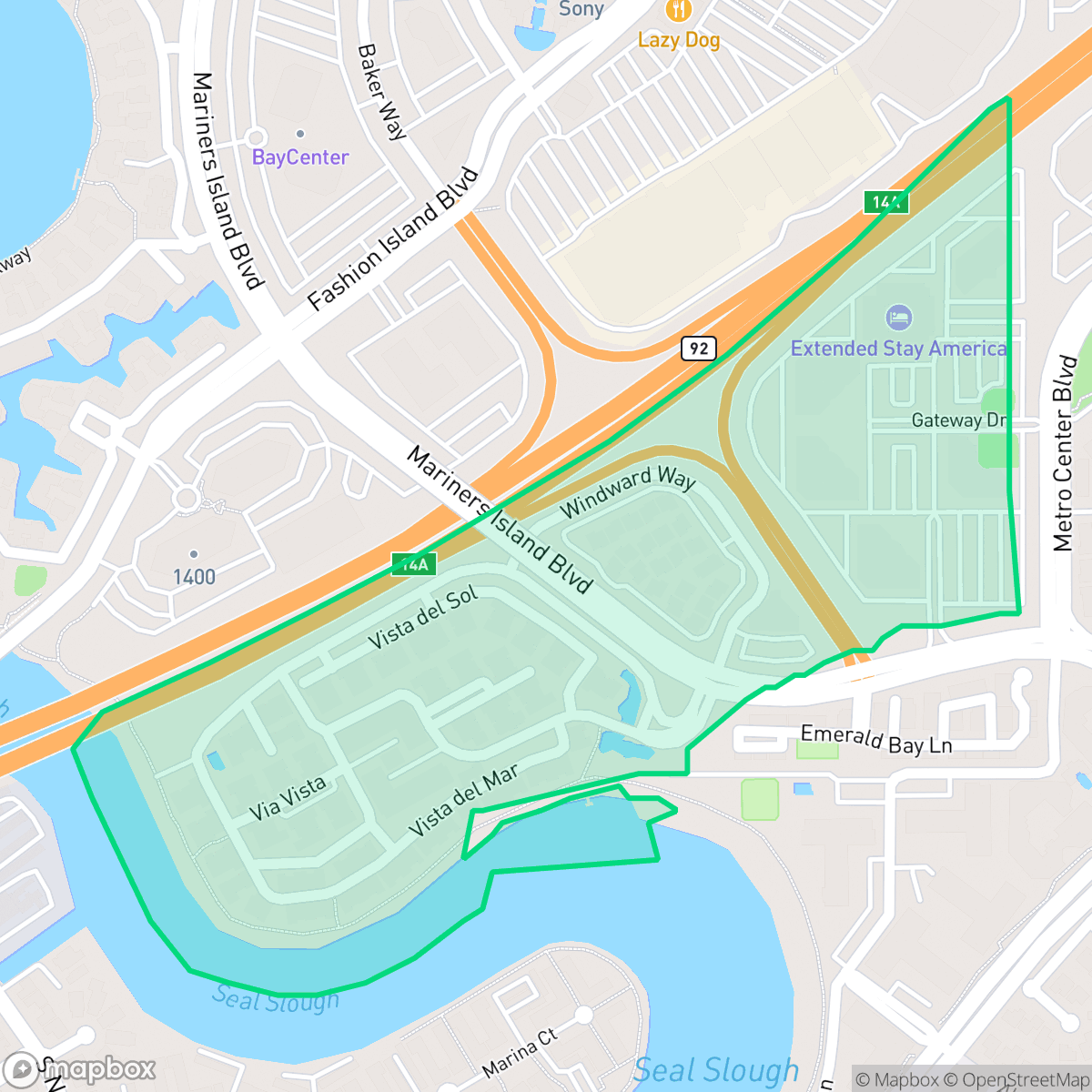 Map showing the location of Edgewater Isle, San Mateo, CA