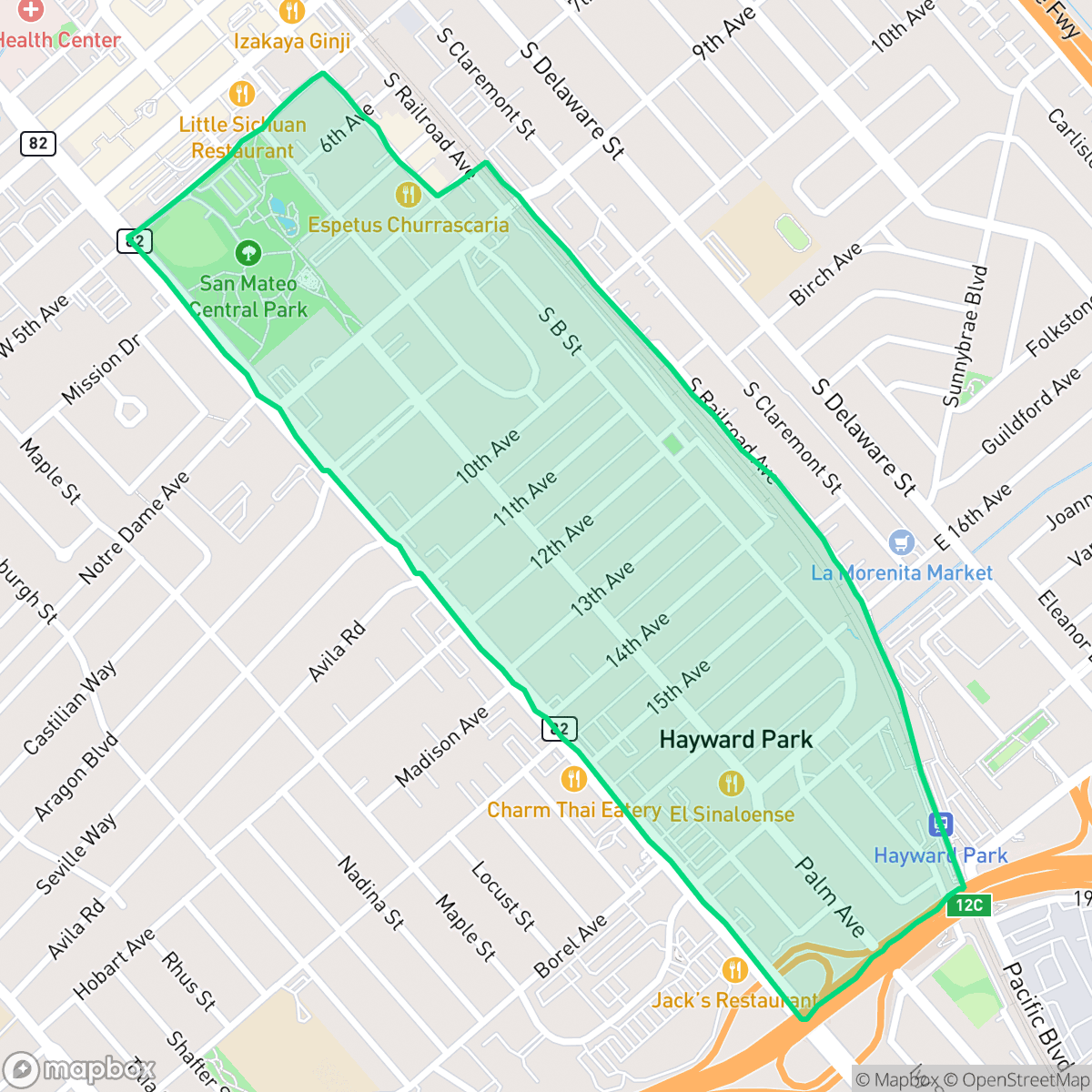 Map showing the location of Hayward Park, San Mateo, CA