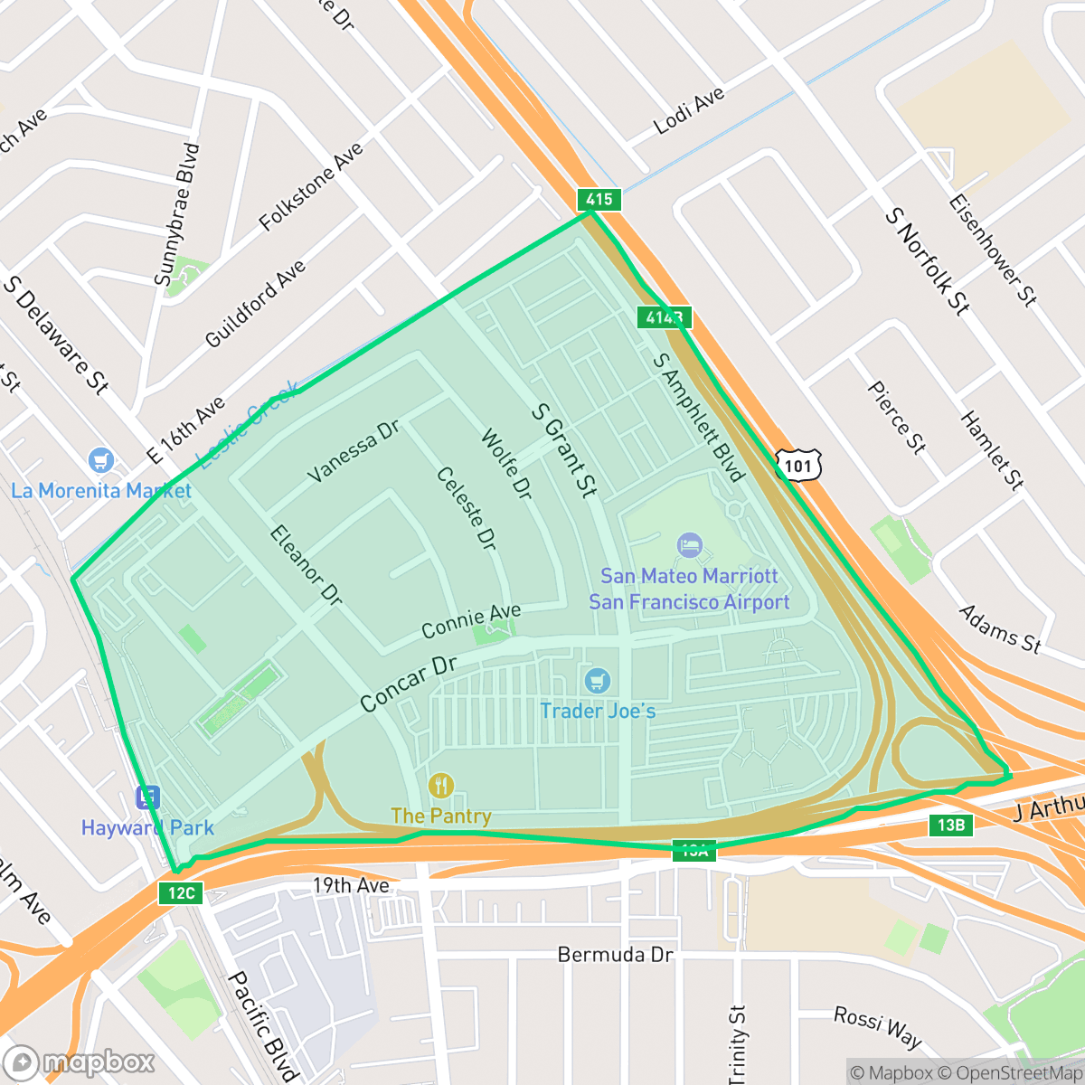 Map showing the location of Nineteenth Avenue, San Mateo, CA