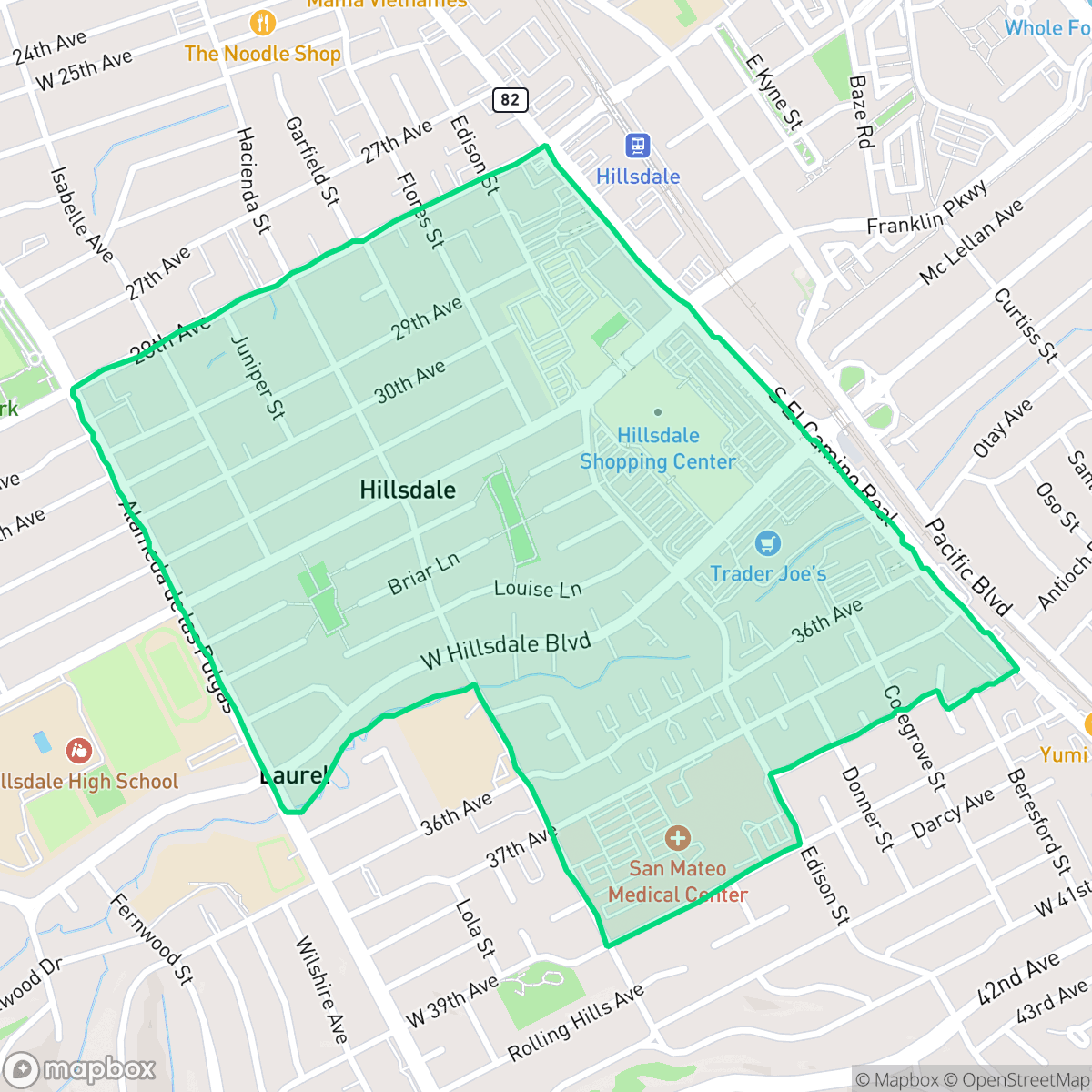 Map showing the location of Northeast Hillsdale, San Mateo, CA