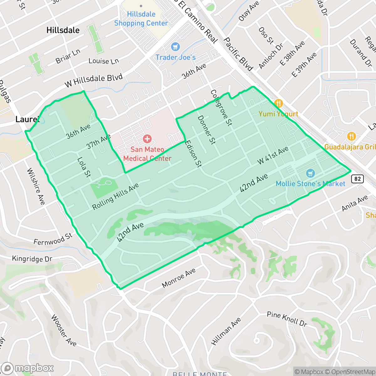 Map showing the location of Southeast Hillsdale, San Mateo, CA
