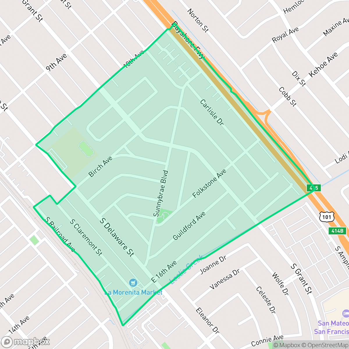 Map showing the location of Sunnybrae, San Mateo, CA