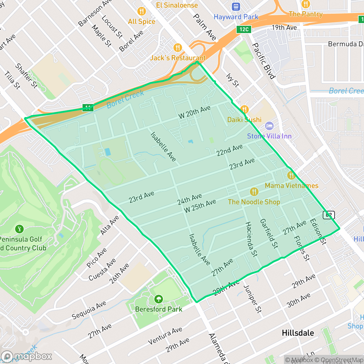 Map showing the location of Twenty-Fifth Ave, San Mateo, CA