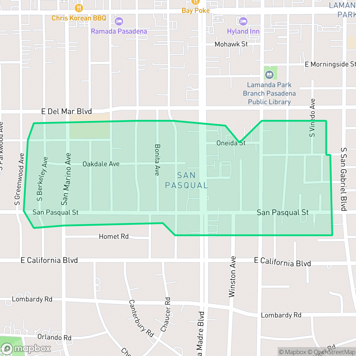 Map showing the location of San Pasqual, CA — coverage area
