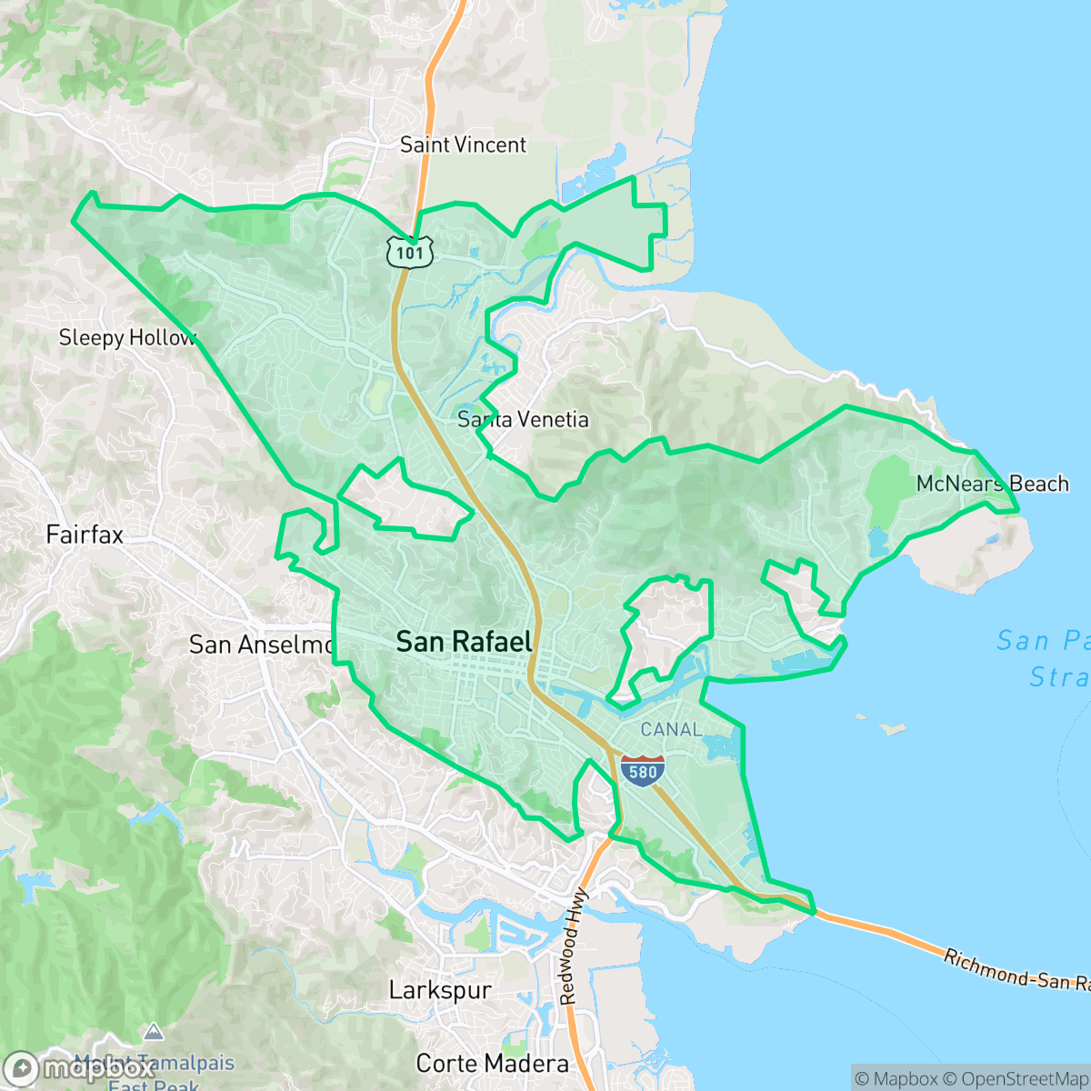 Map showing the location of San Rafael, CA — coverage area