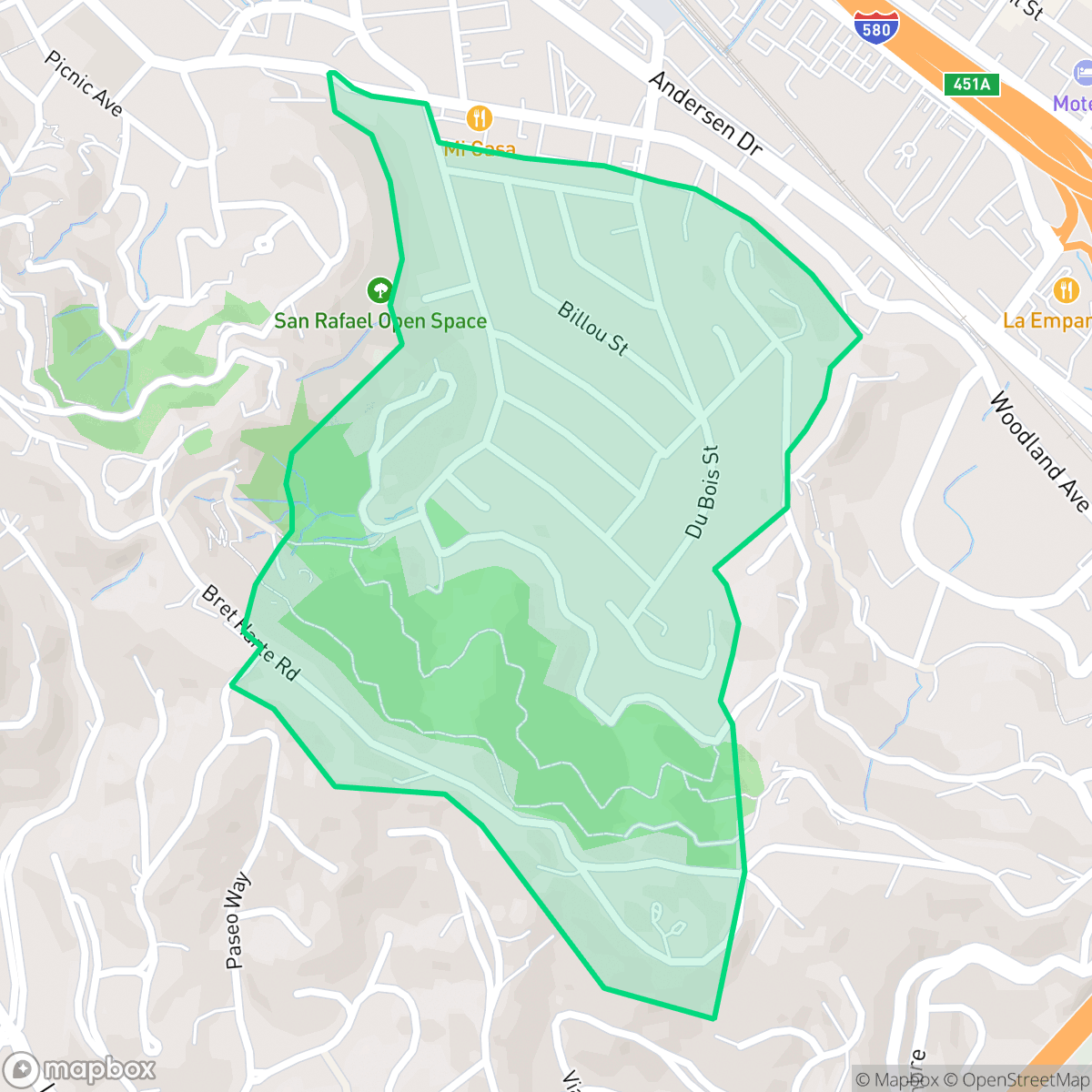 Map showing the location of Bret Harte, San Rafael, CA
