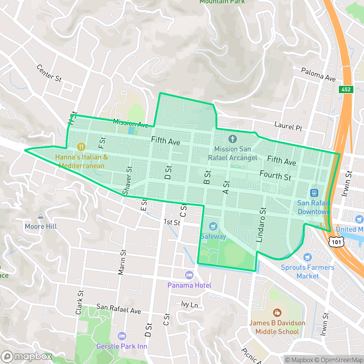 Map showing the location of Downtown, San Rafael, CA