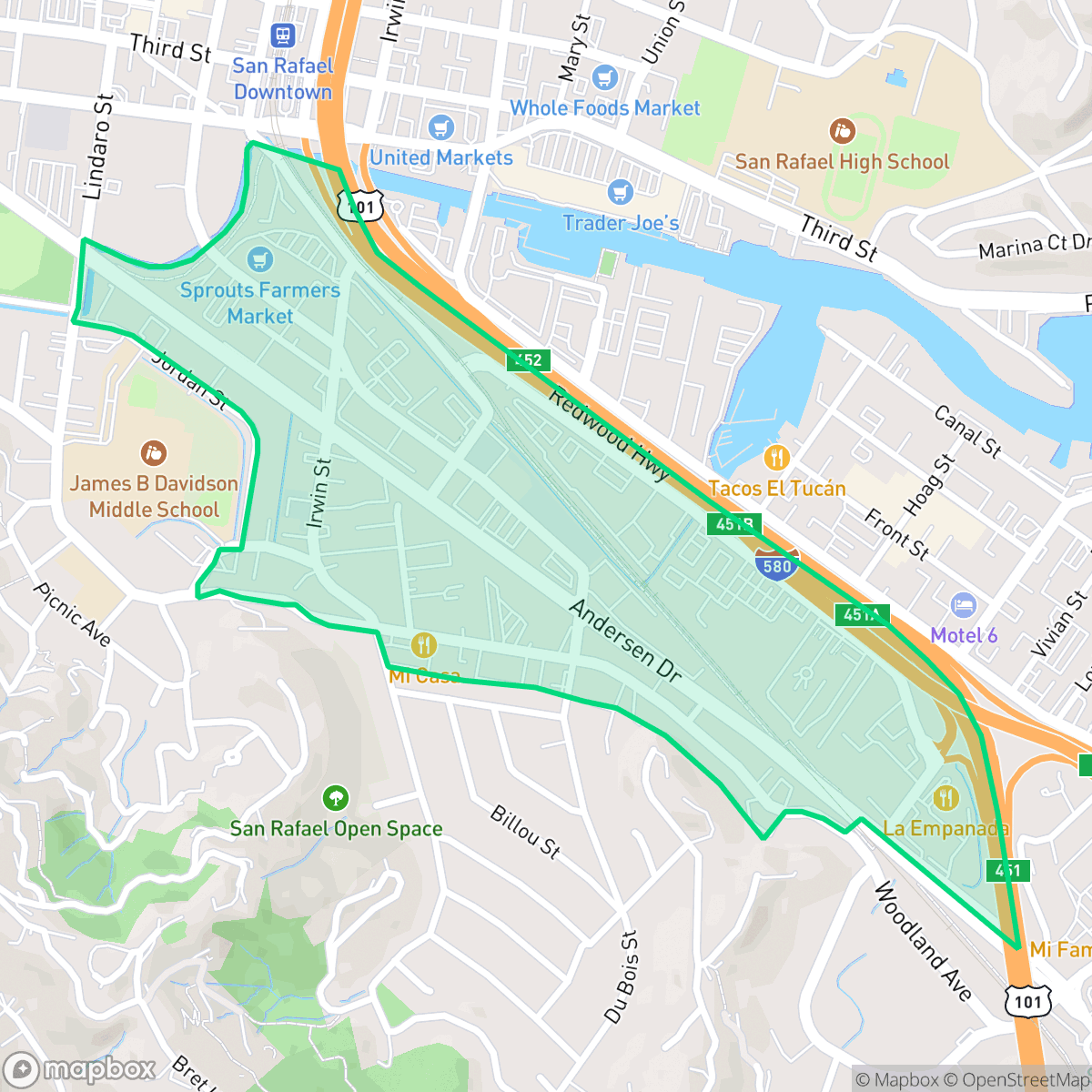 Map showing the location of Francisco Boulevard West, San Rafael, CA