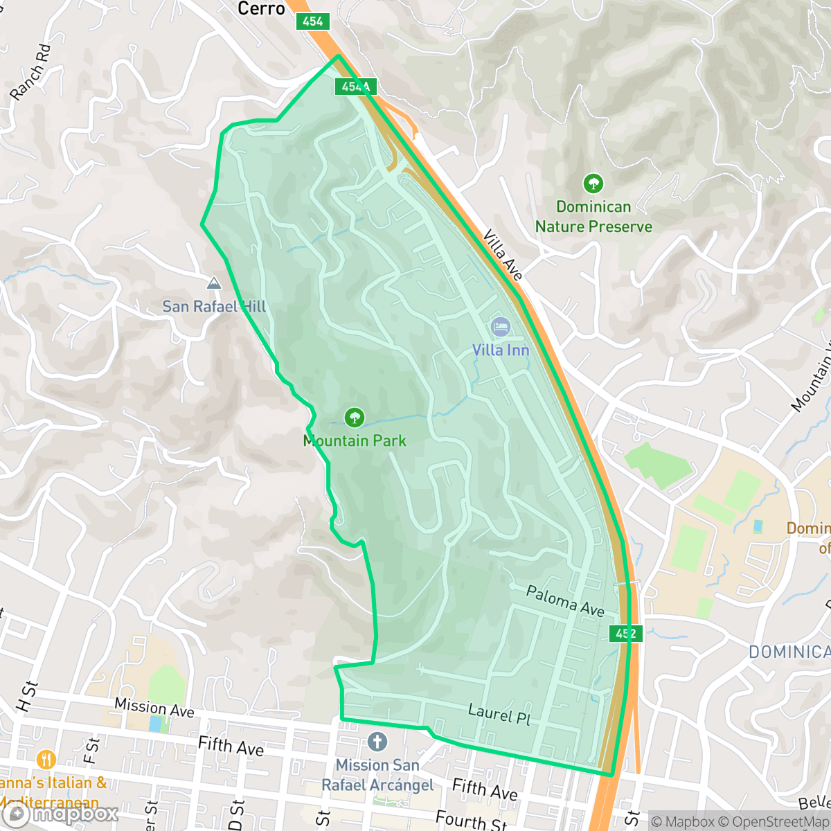 Map showing the location of Lincoln/San Rafael Hill, San Rafael, CA