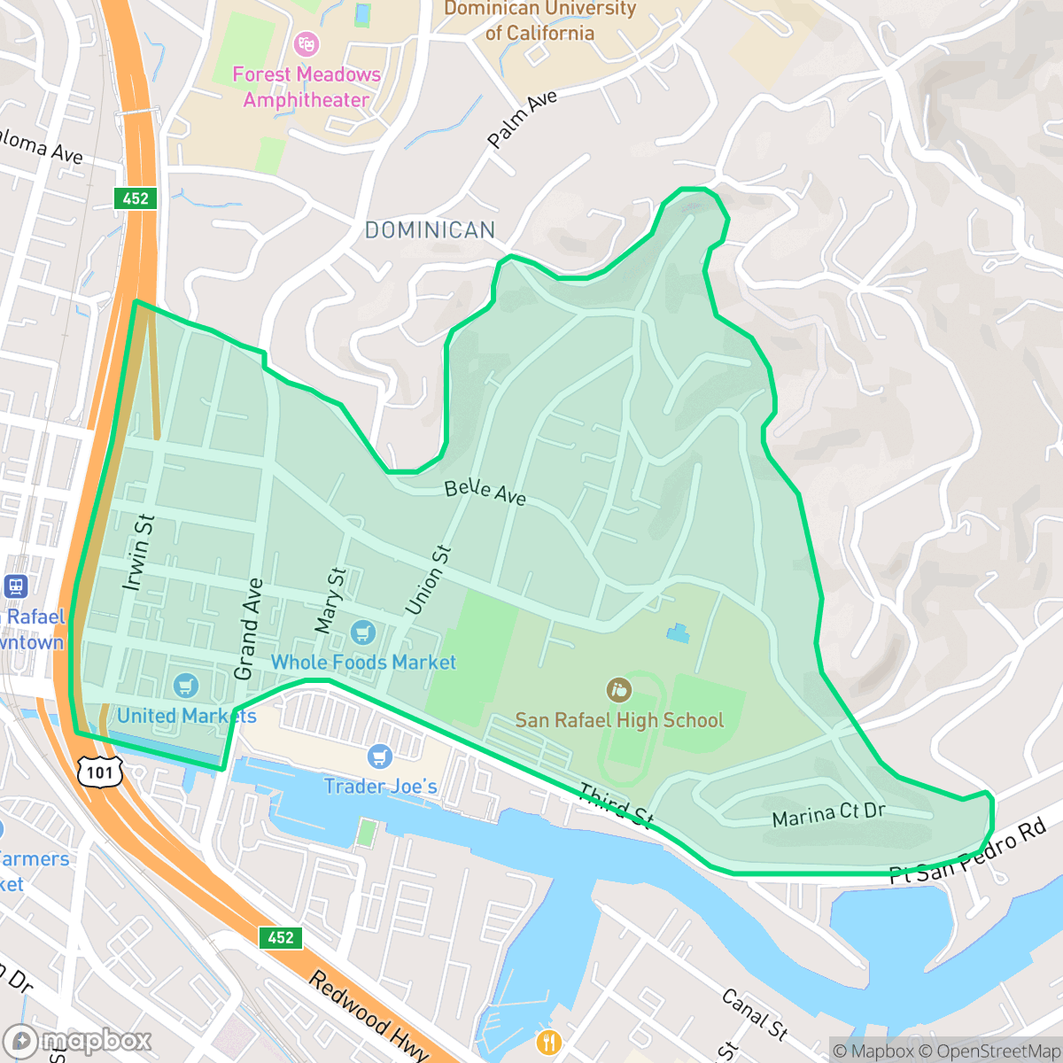 Map showing the location of Montecito/Happy Valley, San Rafael, CA
