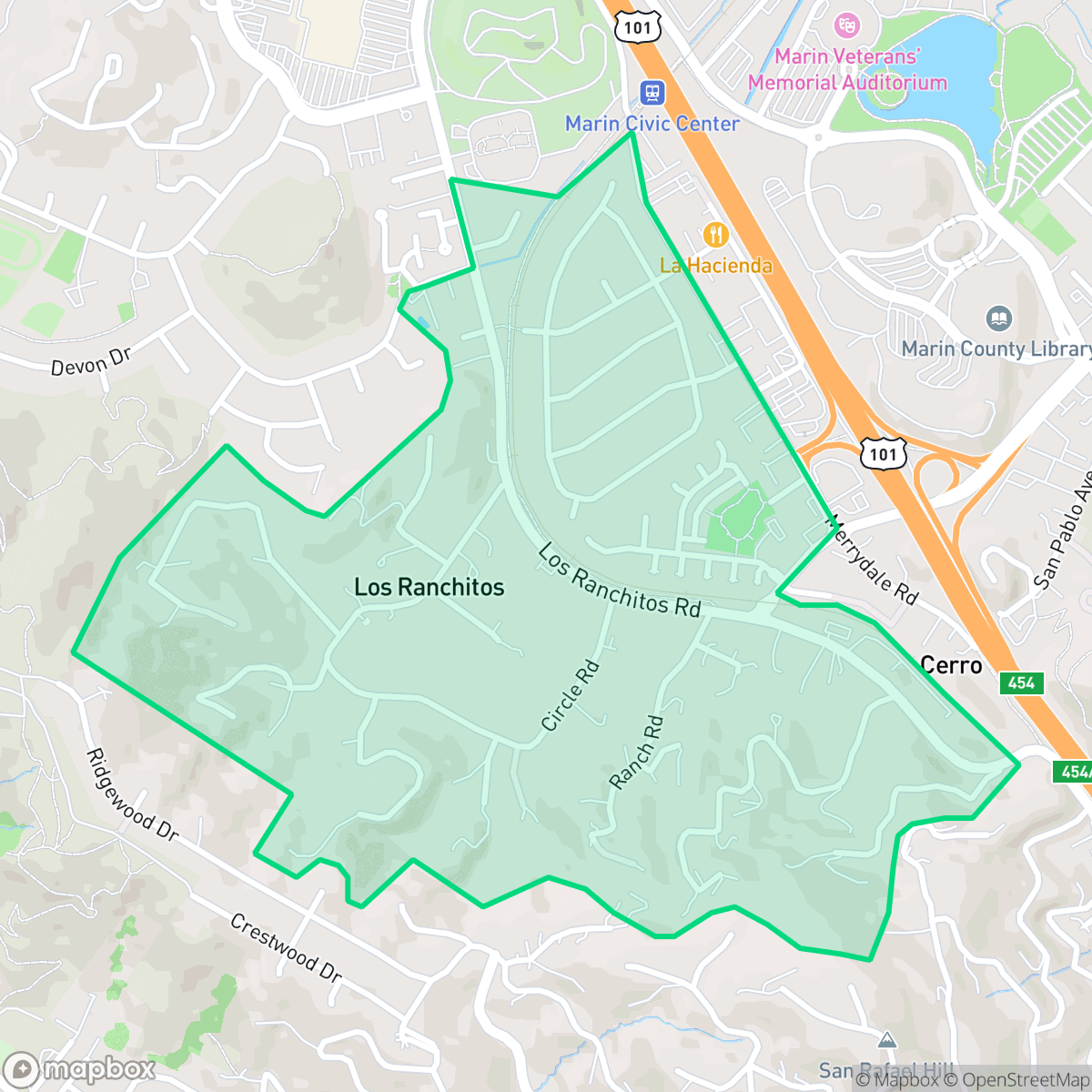 Map showing the location of Rafael Meadows/Los Ranchitos, San Rafael, CA