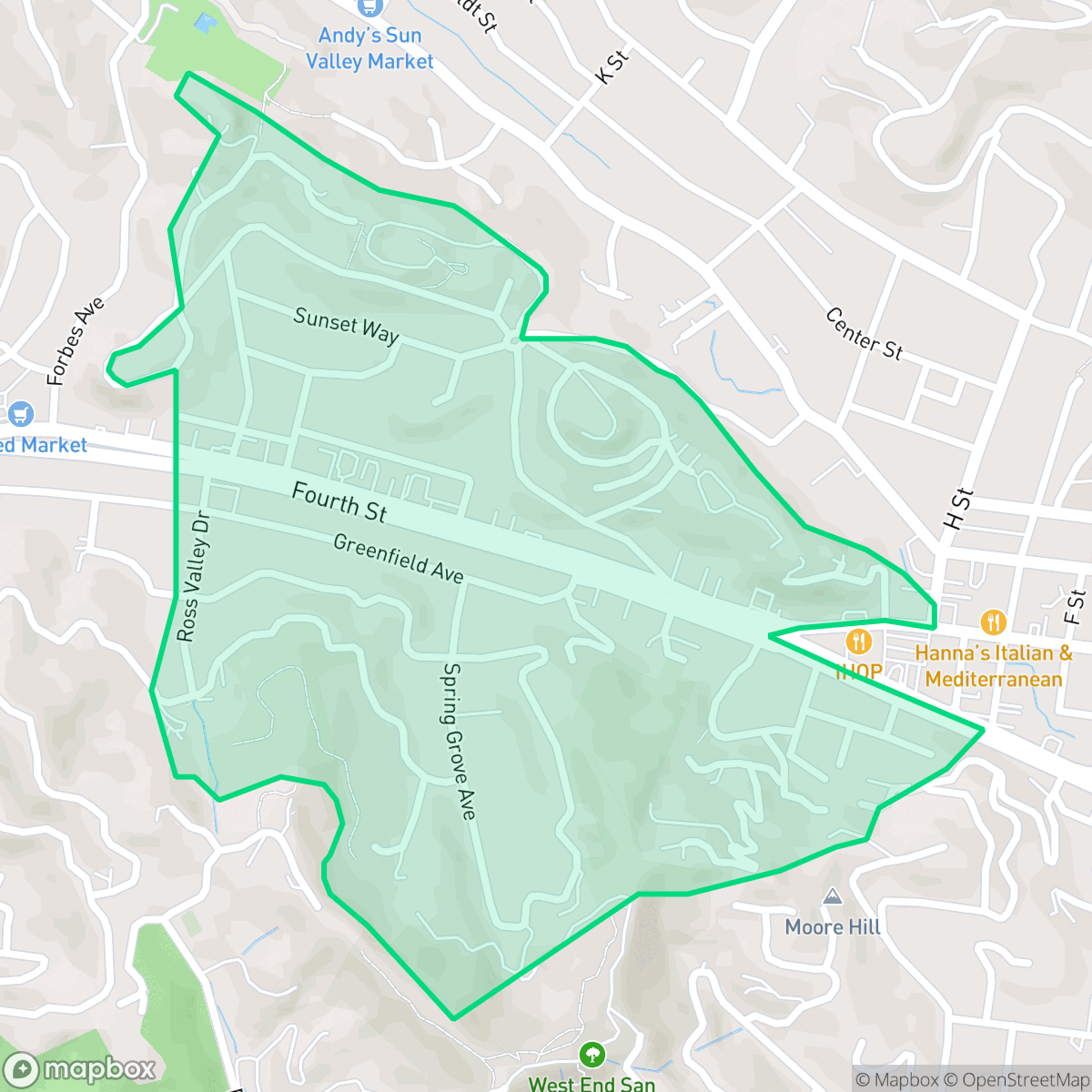 Map showing the location of West End, San Rafael, CA