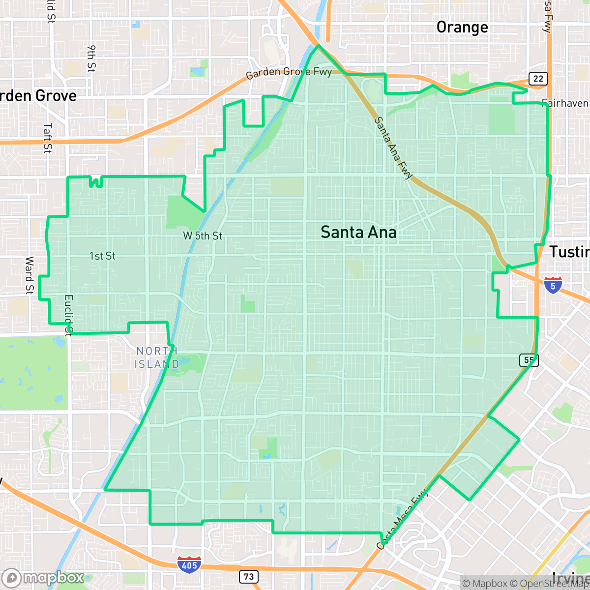 Map showing the location of Santa Ana, CA — coverage area