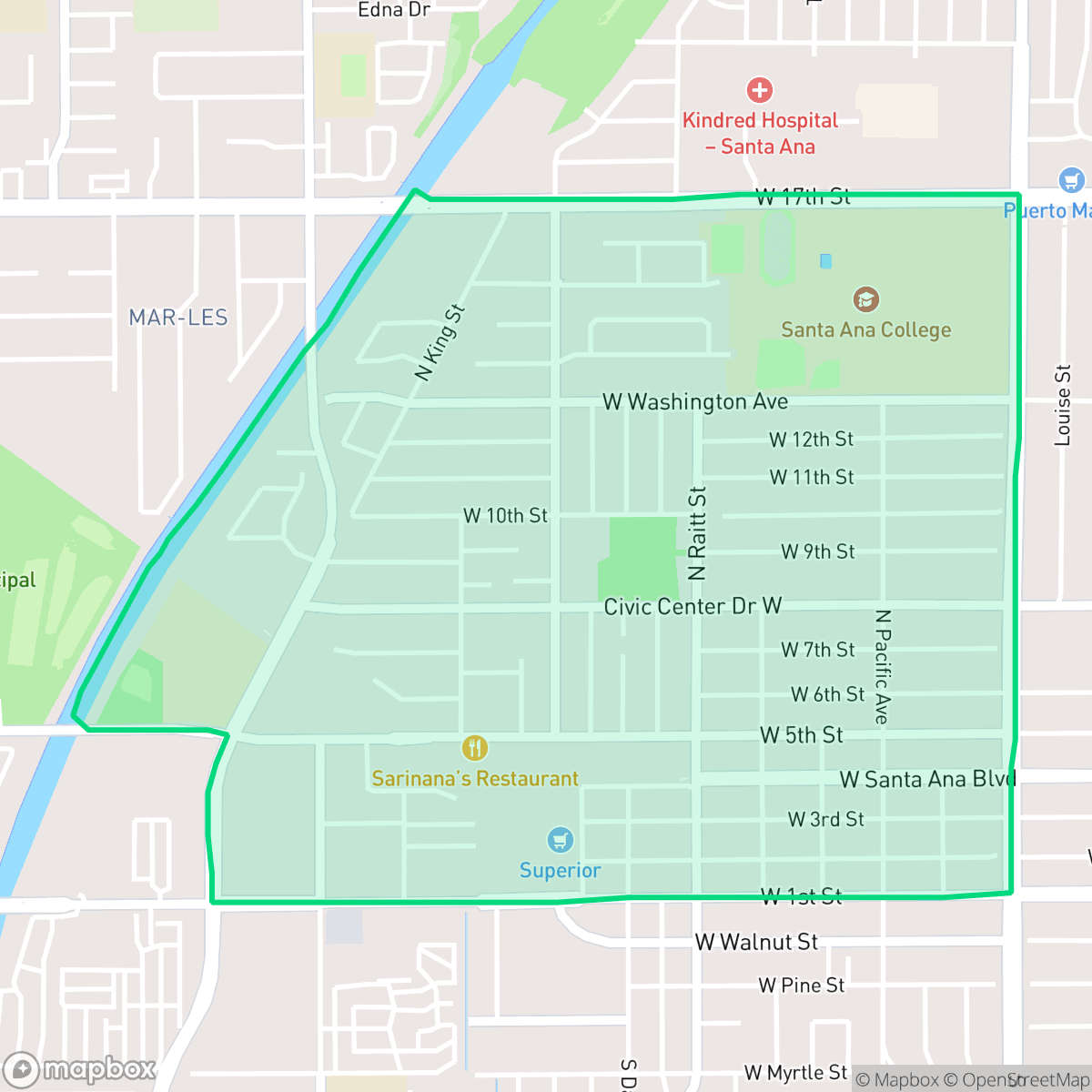 Map showing the location of Artesia Pilar, Santa Ana, CA