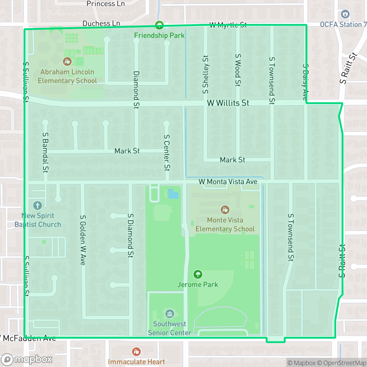 Map showing the location of Bella Vista, Santa Ana, CA