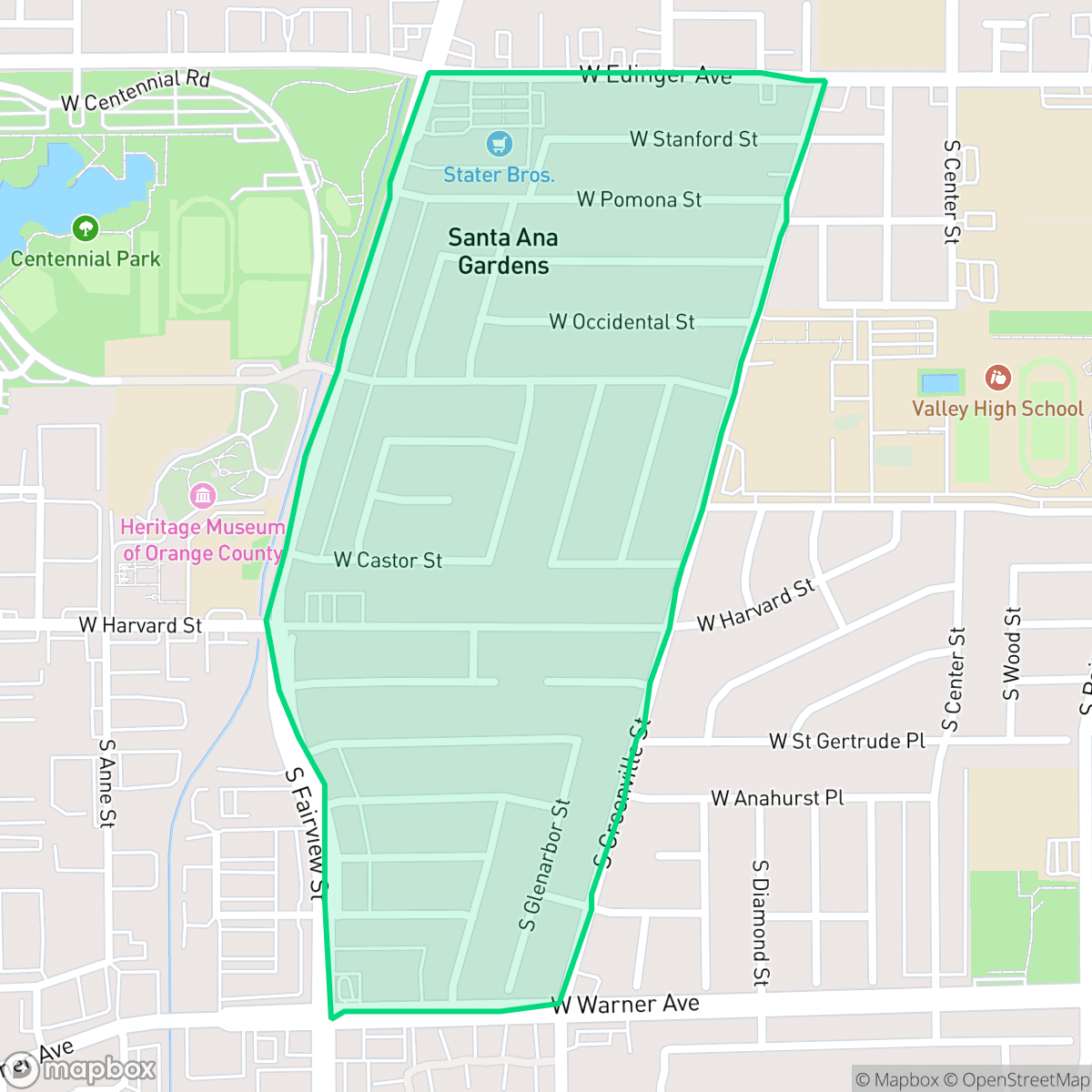 Map showing the location of Centennial Park, Santa Ana, CA