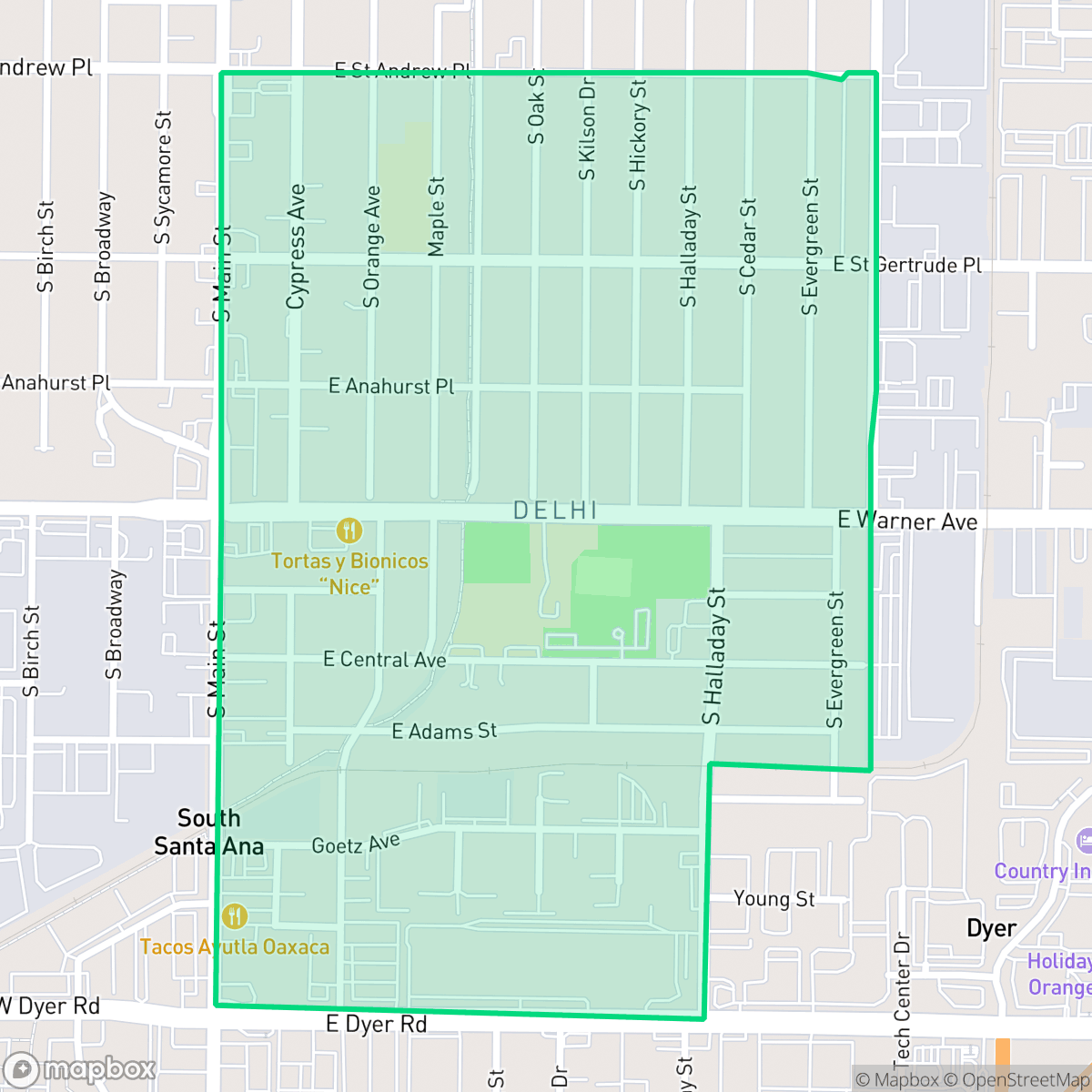 Map showing the location of Delhi, Santa Ana, CA