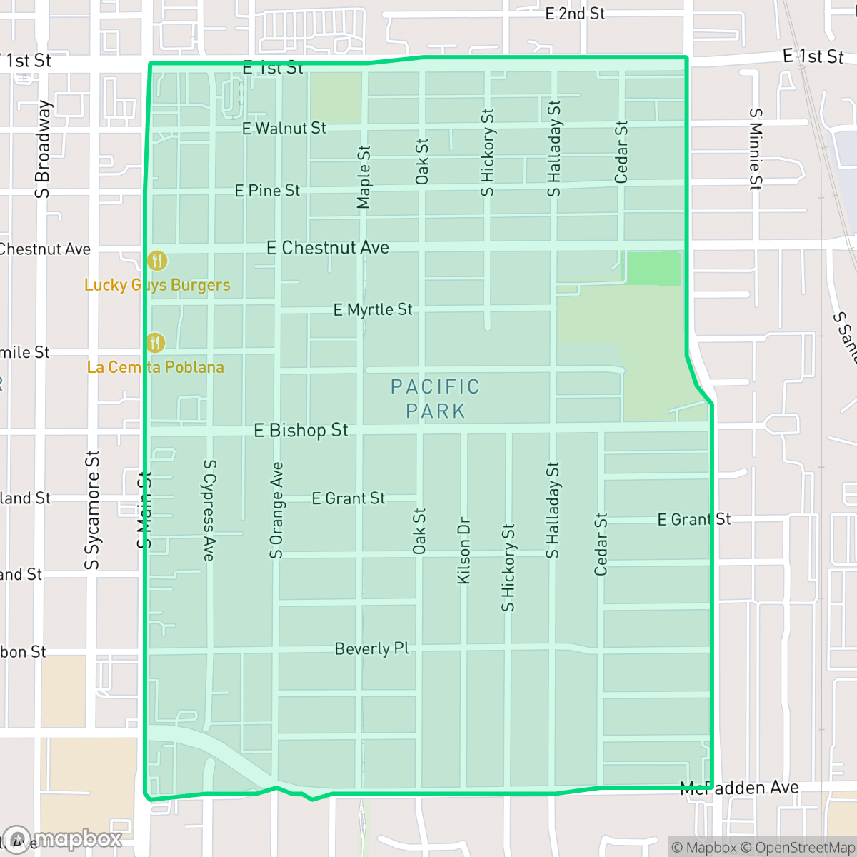 Map showing the location of Eastside, Santa Ana, CA