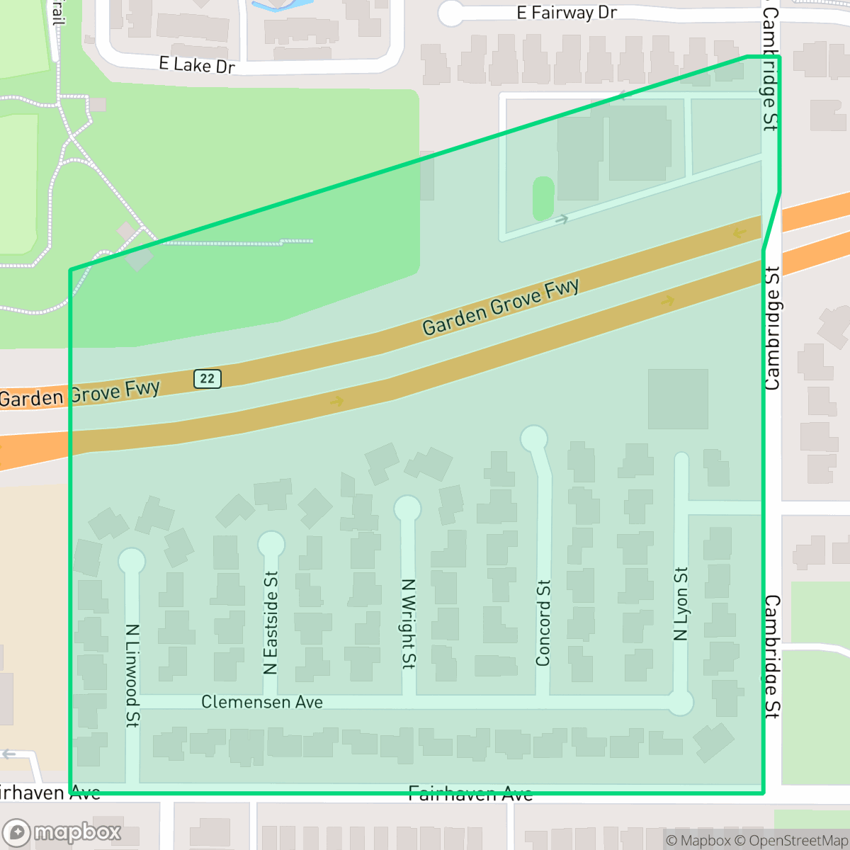 Map showing the location of Fairbridge Square, Santa Ana, CA