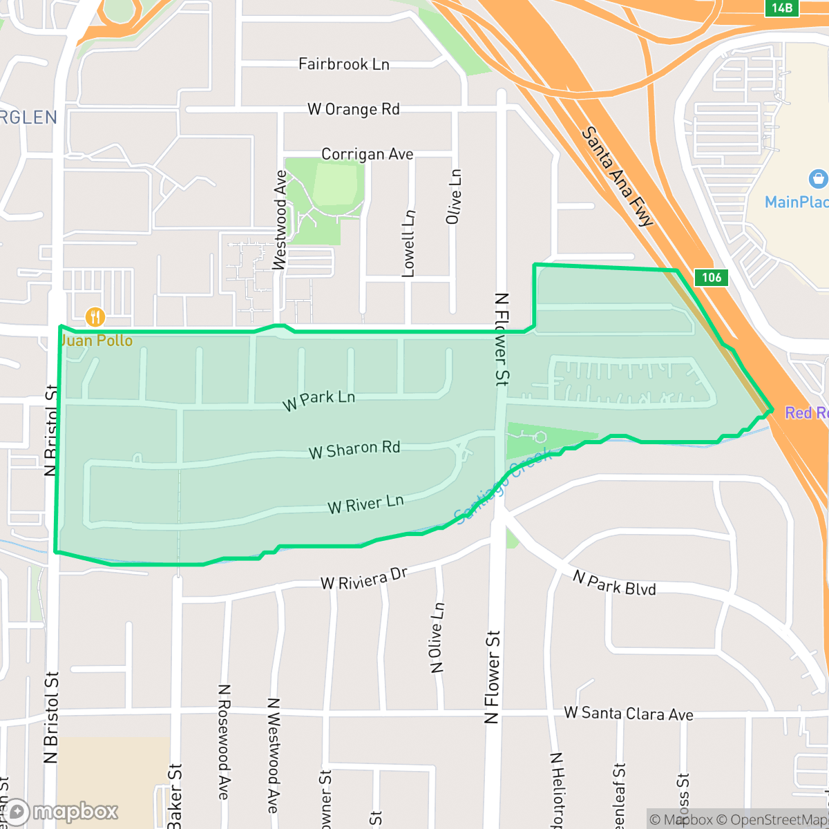Map showing the location of Fisher Park, Santa Ana, CA