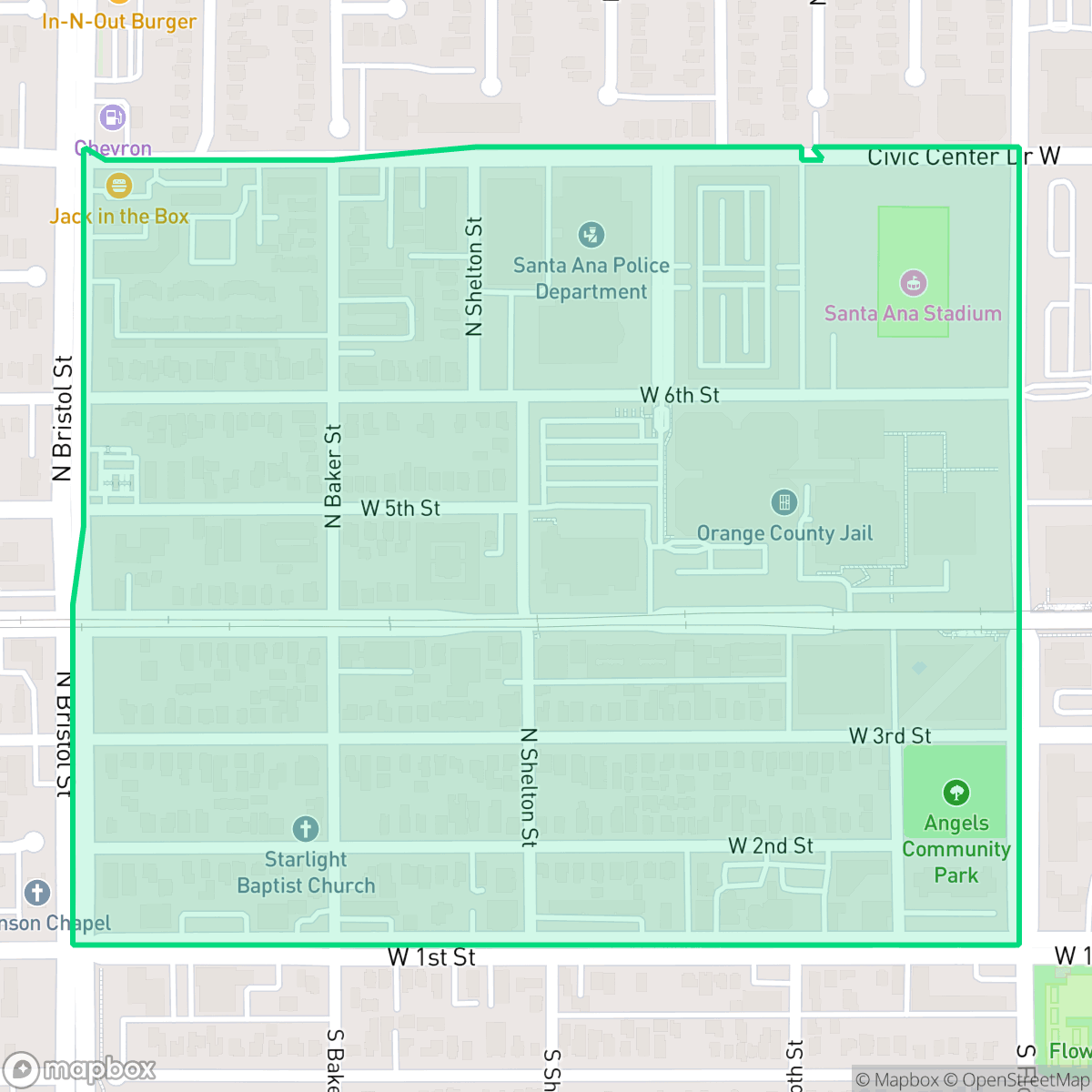 Map showing the location of Flower Park, Santa Ana, CA