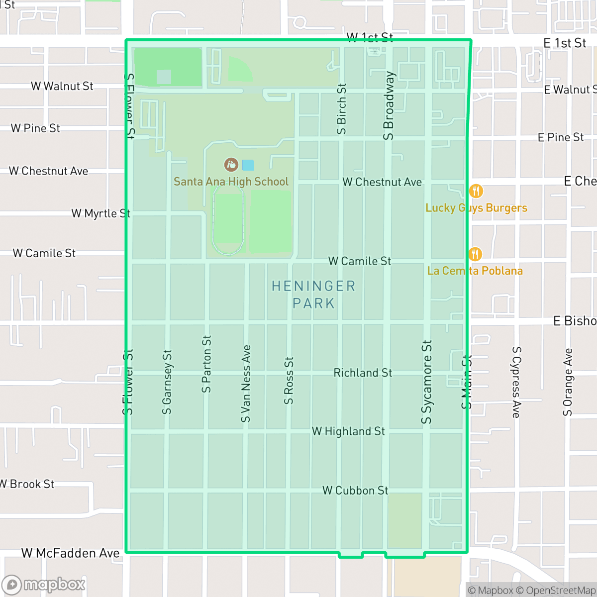 Map showing the location of Heninger Park, Santa Ana, CA