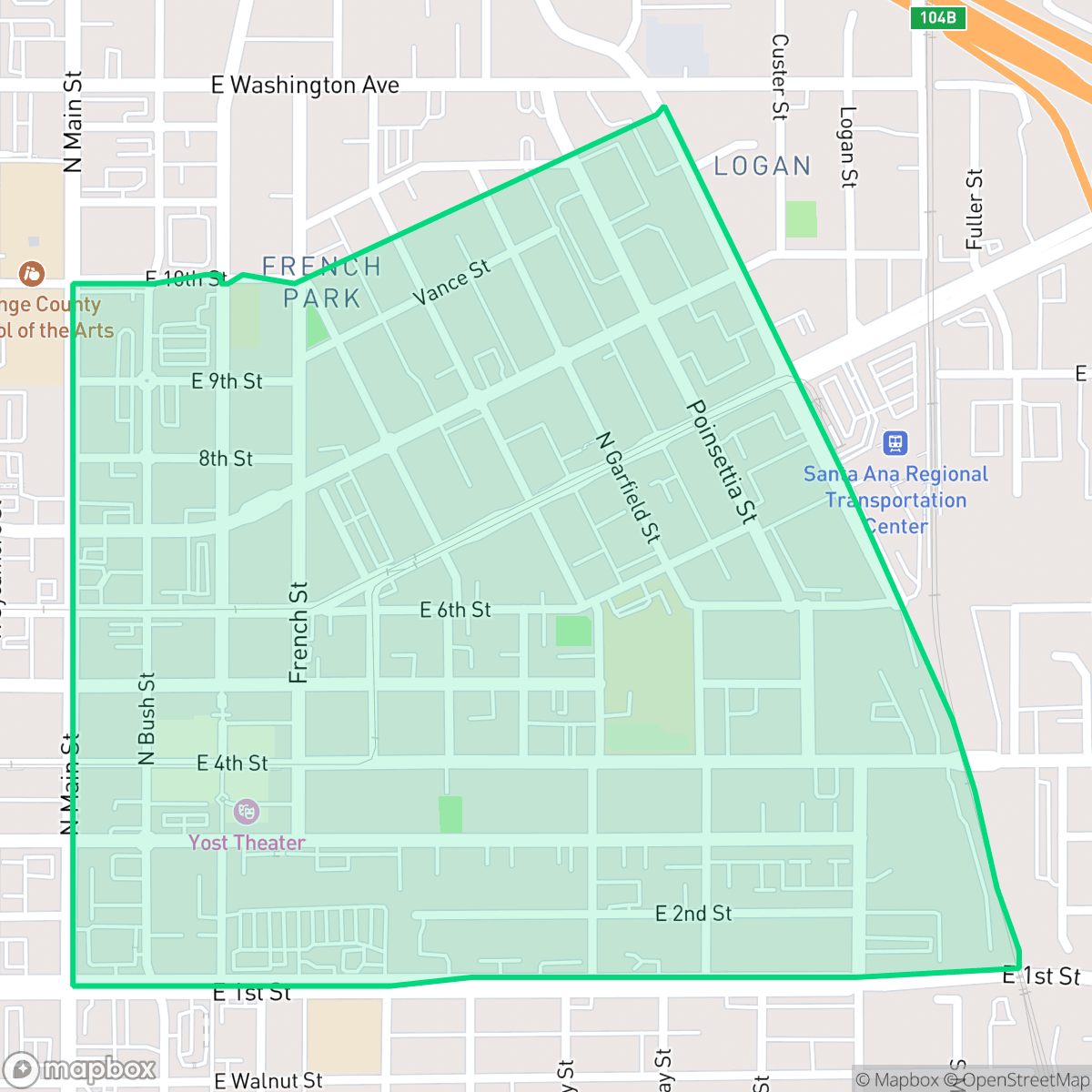 Map showing the location of Lacy, Santa Ana, CA
