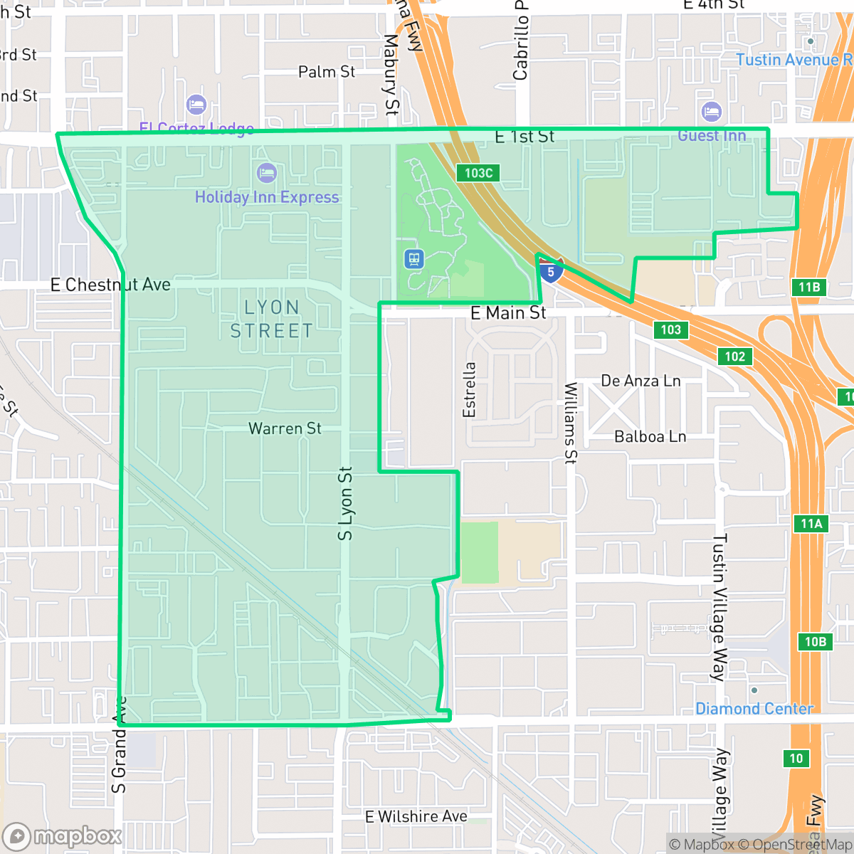 Map showing the location of Lyon Street, Santa Ana, CA