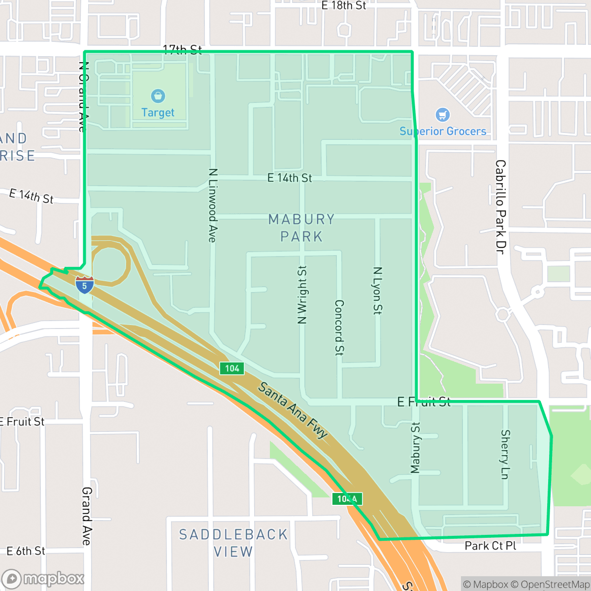 Map showing the location of Mabury Park, Santa Ana, CA