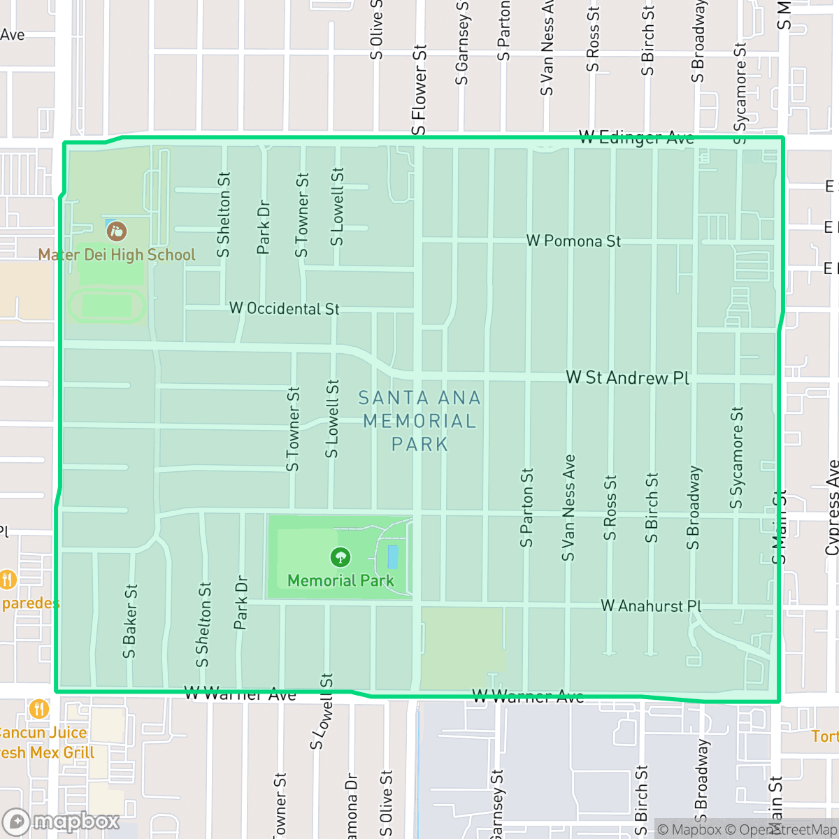 Map showing the location of Memorial Park, Santa Ana, CA