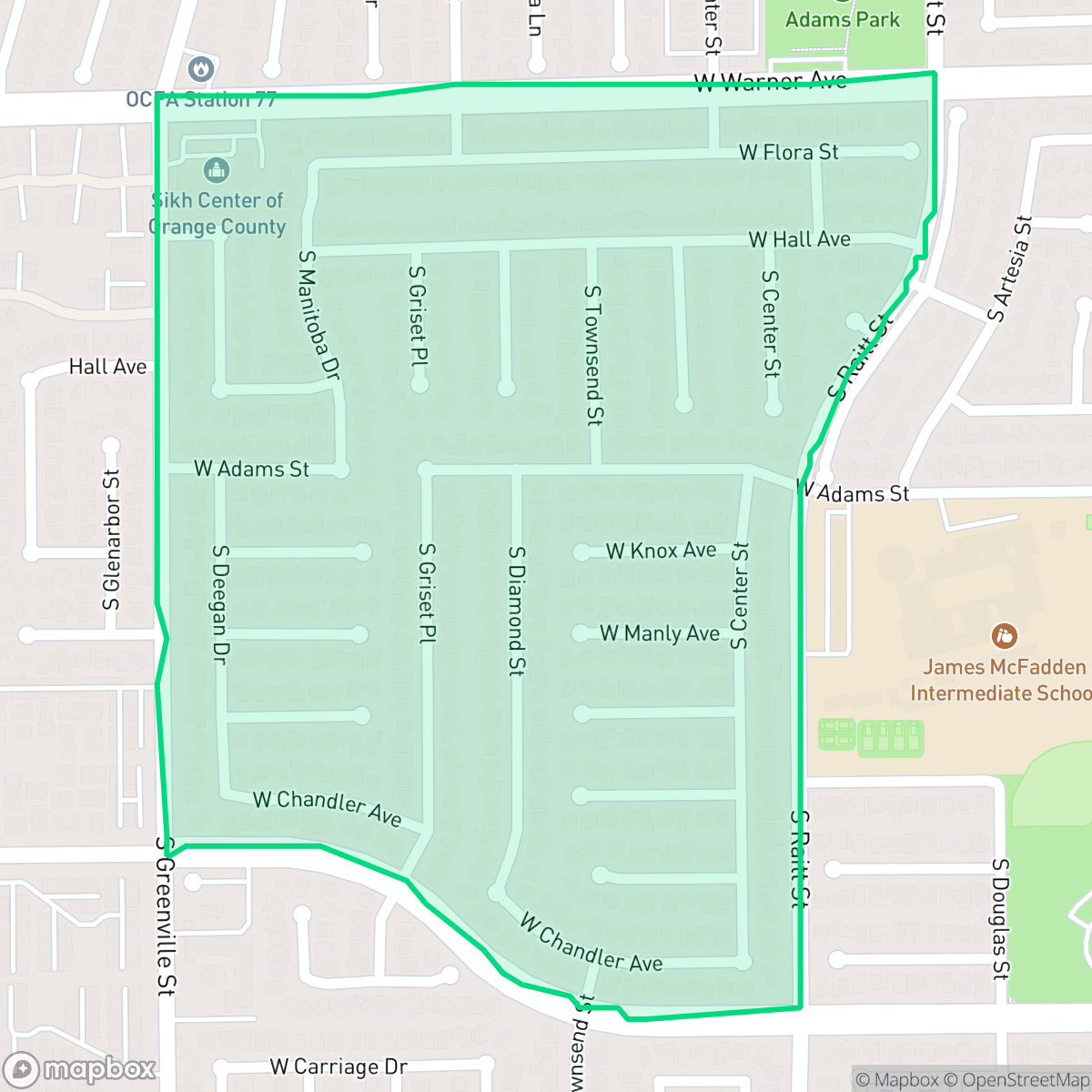Map showing the location of Morning Sunwood, Santa Ana, CA