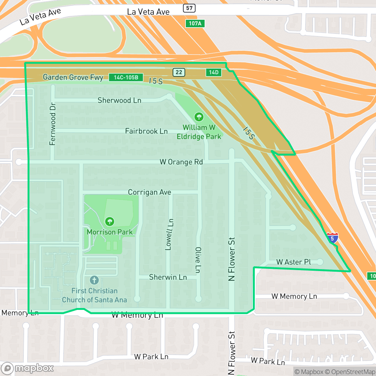 Map showing the location of Morrison-Eldridge Park, Santa Ana, CA