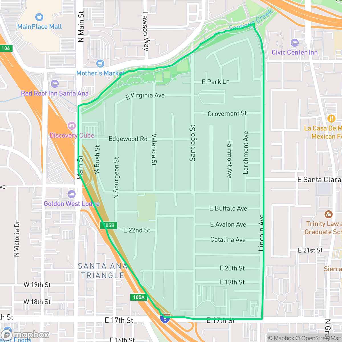 Map showing the location of Park Santiago, Santa Ana, CA