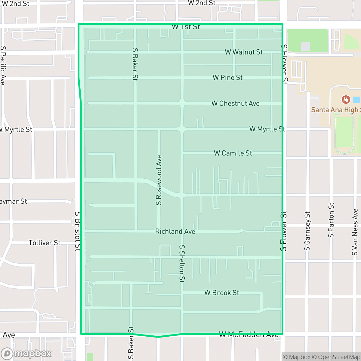 Map showing the location of Pico-Lowell, Santa Ana, CA
