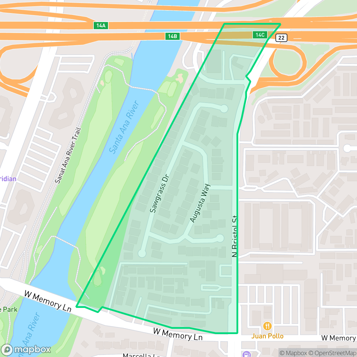 Map showing the location of Riverglen, Santa Ana, CA
