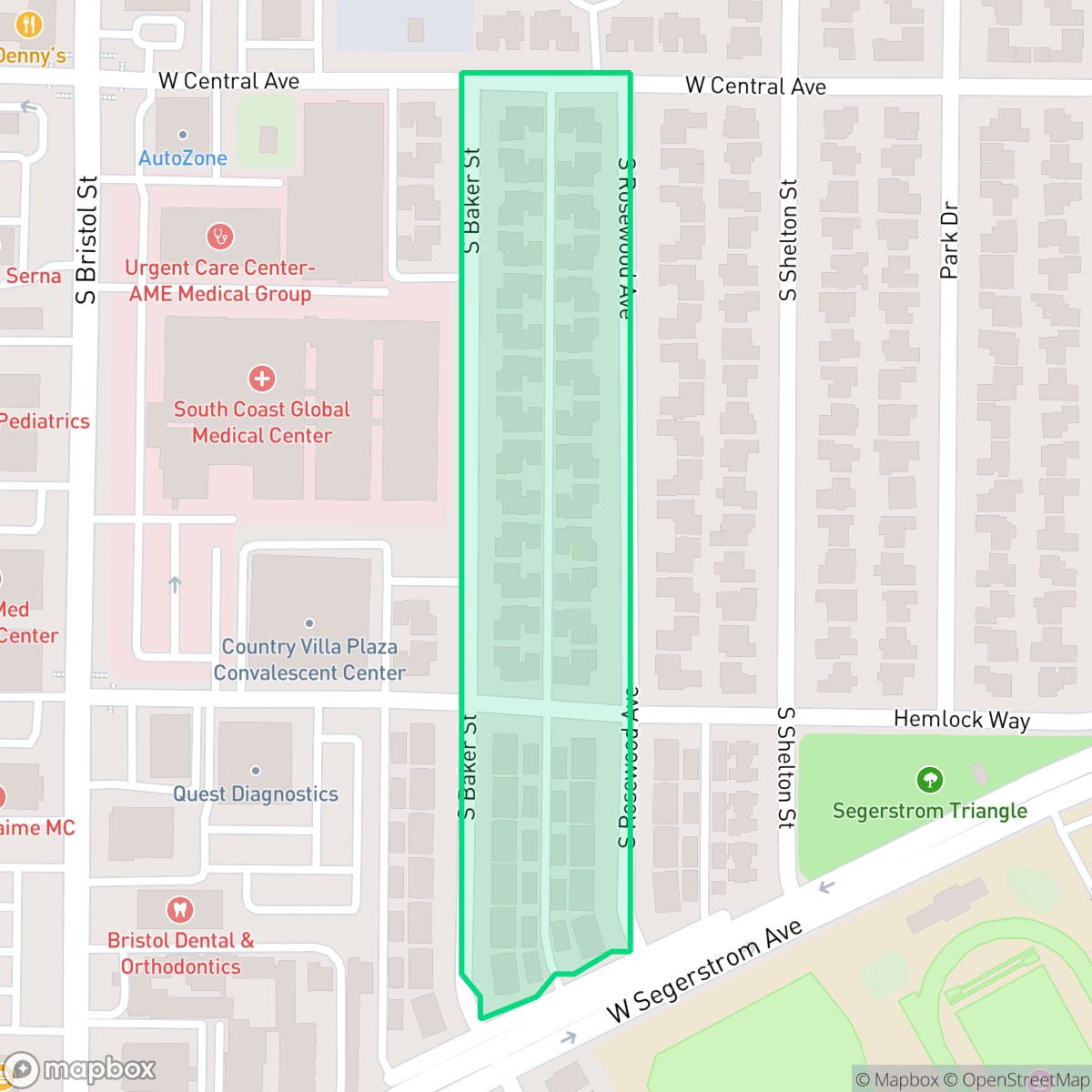 Map showing the location of Rosewood Baker, Santa Ana, CA