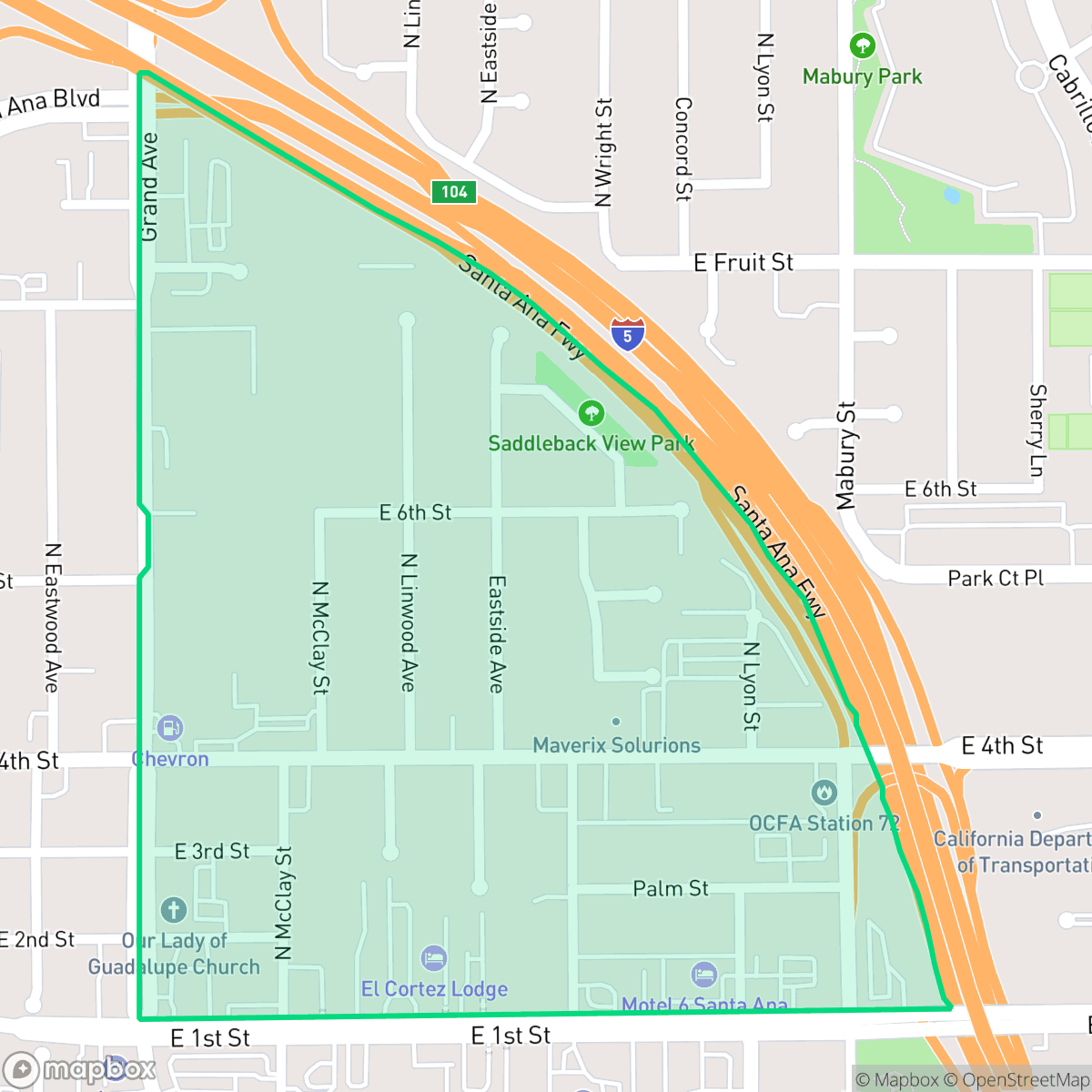 Map showing the location of Saddleback View, Santa Ana, CA
