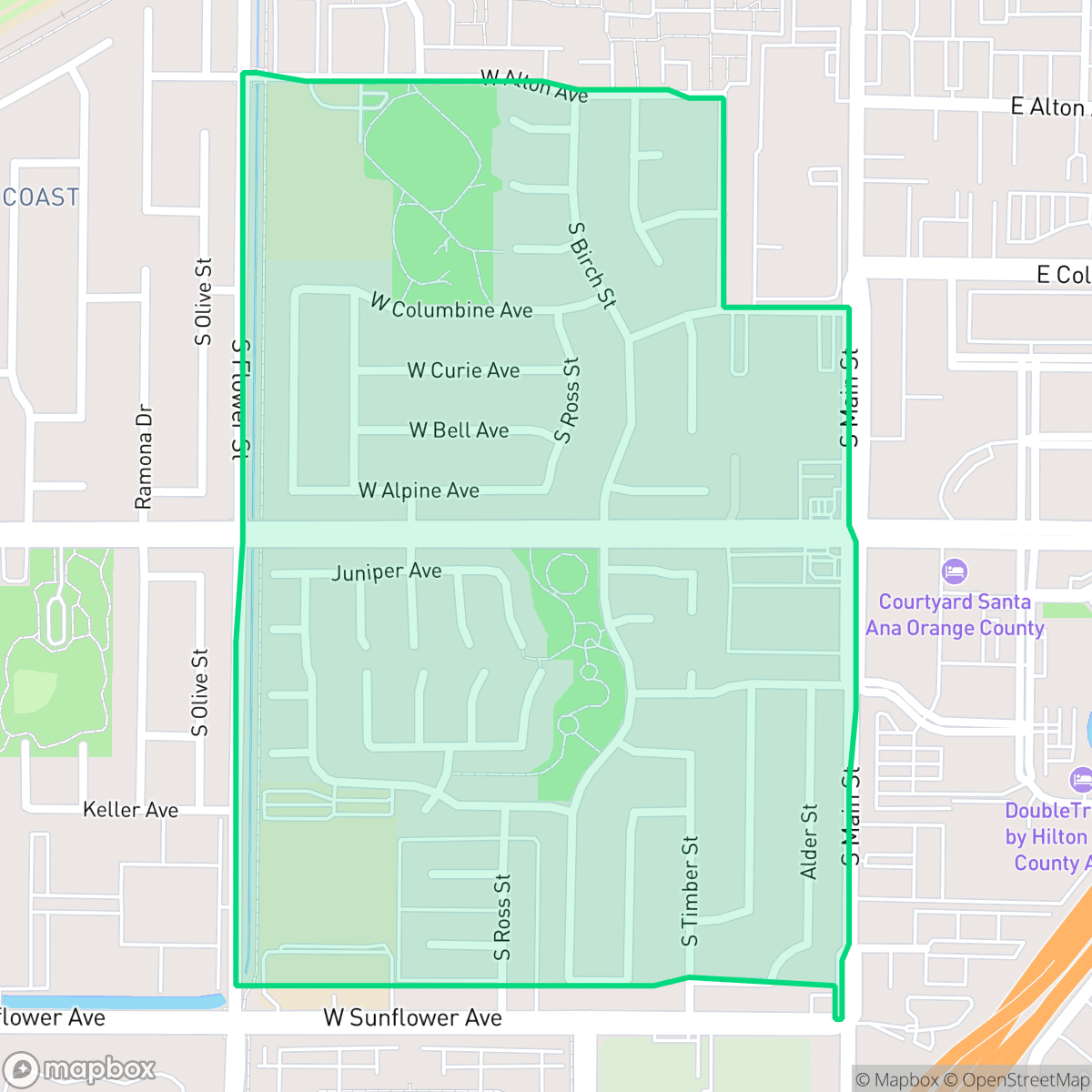 Map showing the location of Sandpointe, Santa Ana, CA