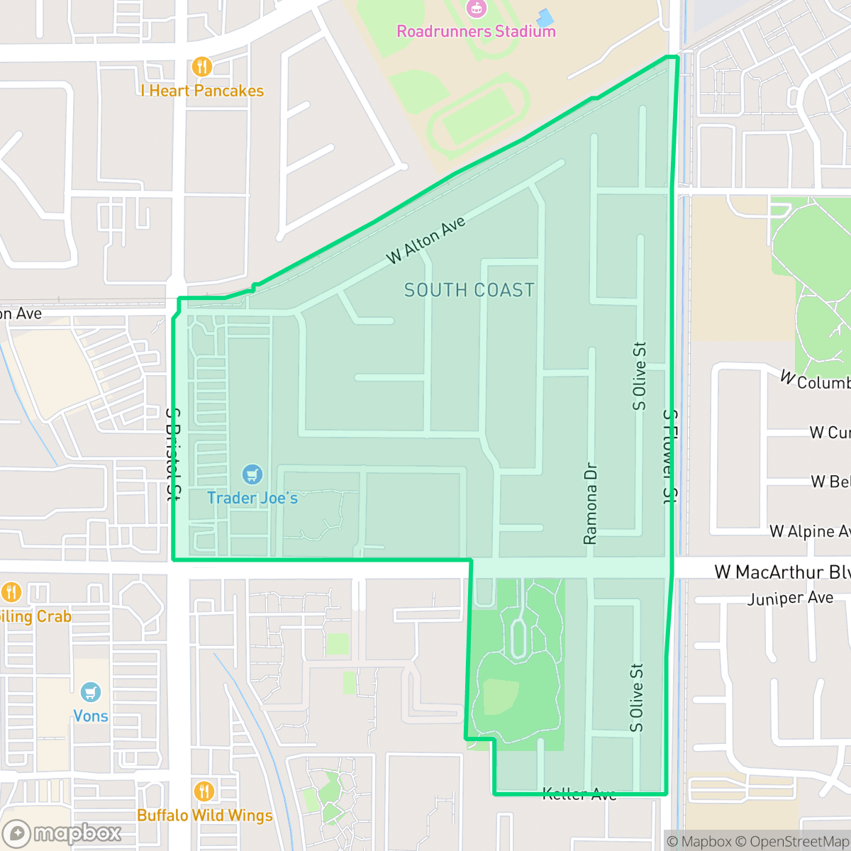 Map showing the location of South Coast, Santa Ana, CA