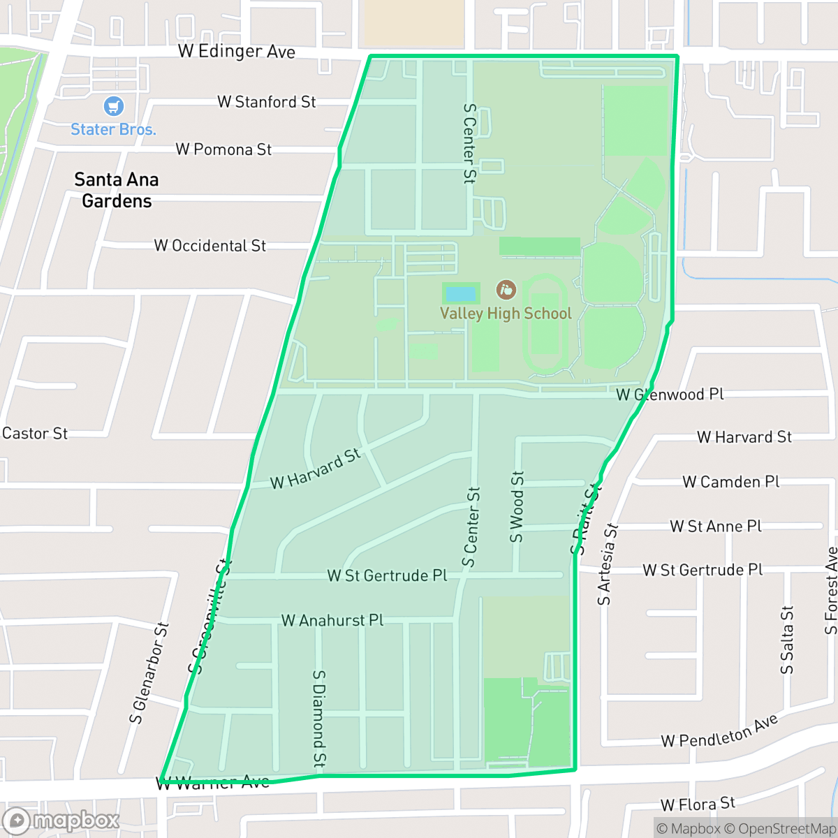 Map showing the location of Valley Adams, Santa Ana, CA