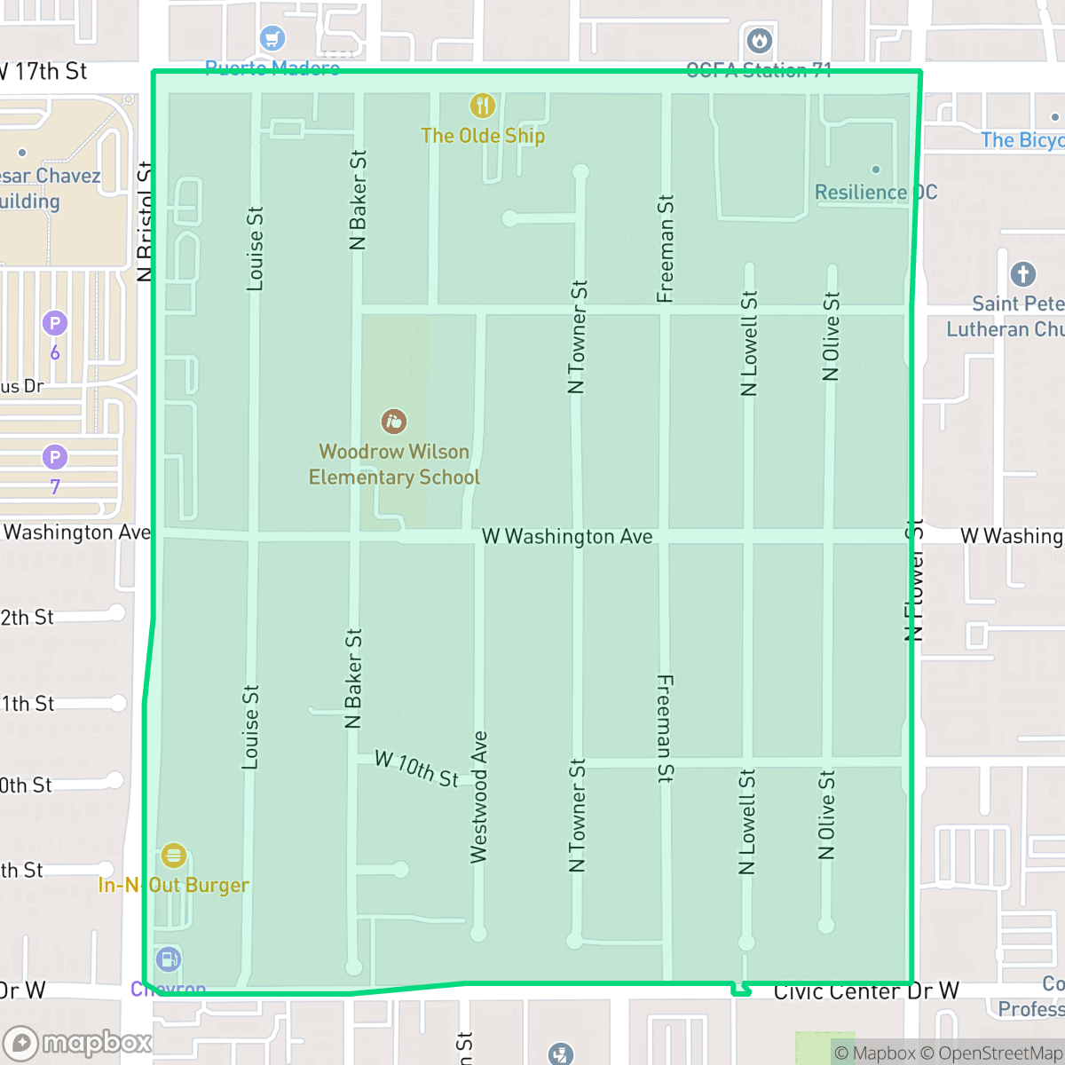 Map showing the location of Washington Square, Santa Ana, CA