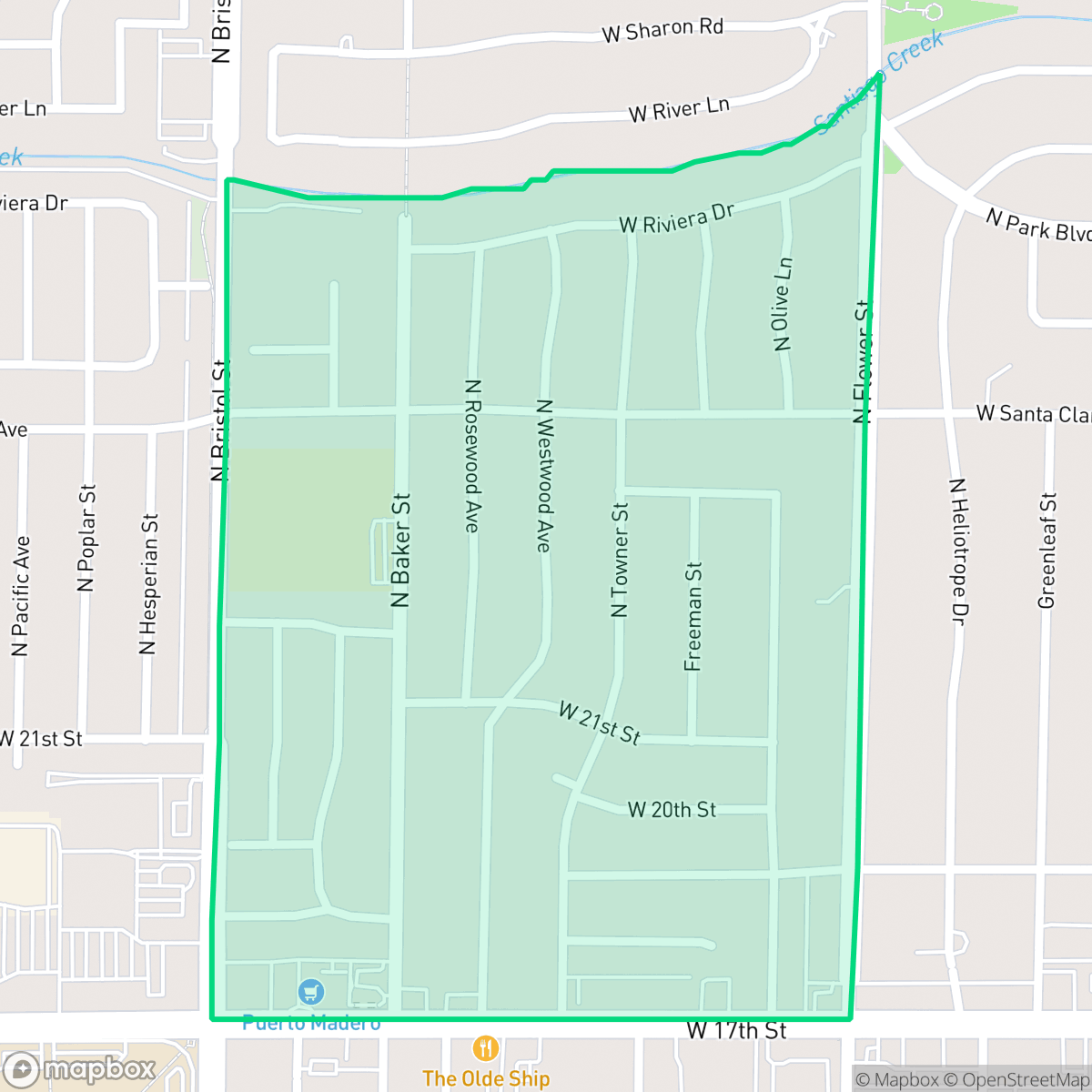 Map showing the location of West Floral Park, Santa Ana, CA