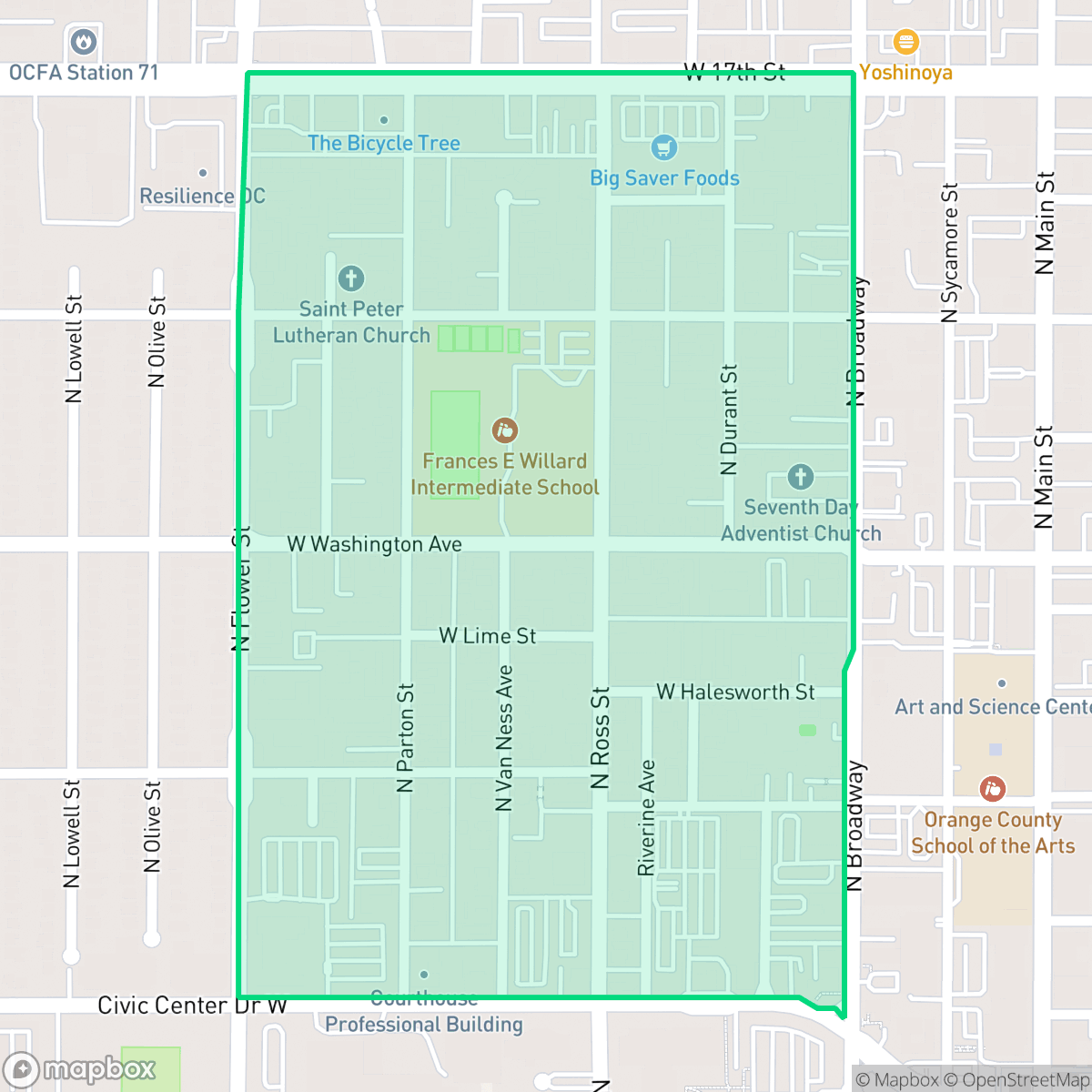 Map showing the location of Willard, Santa Ana, CA