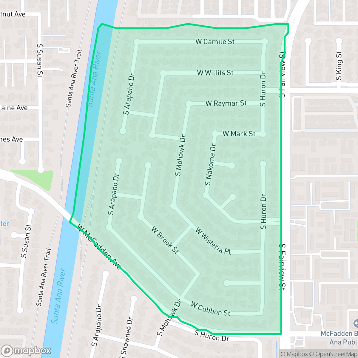 Map showing the location of Windsor Village North, Santa Ana, CA