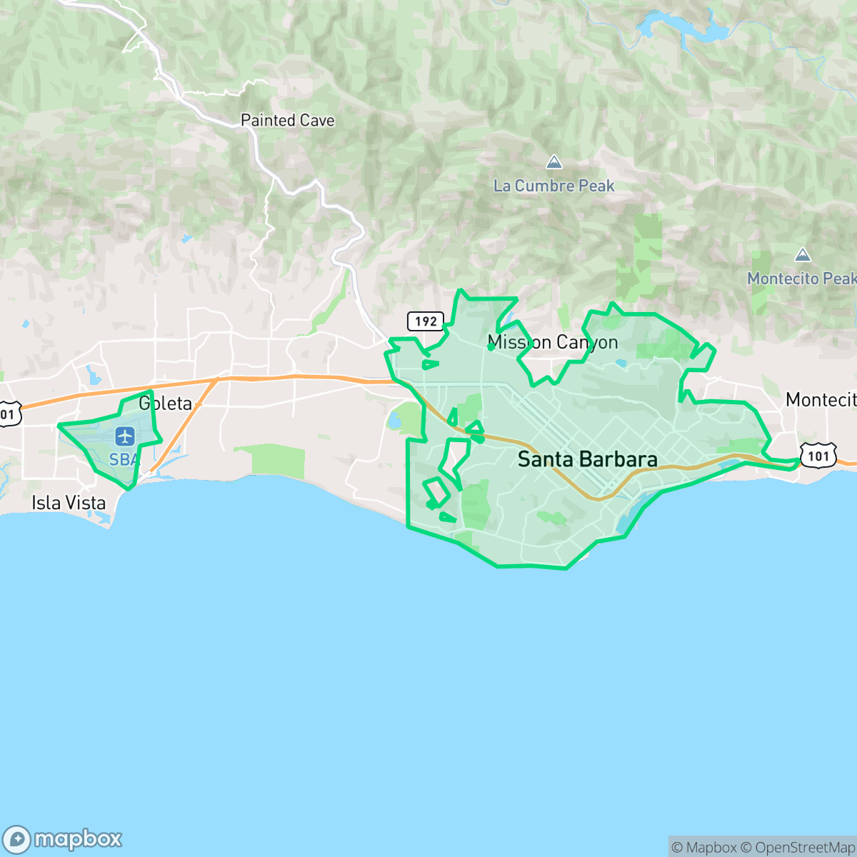 Map showing the location of Santa Barbara, CA — coverage area