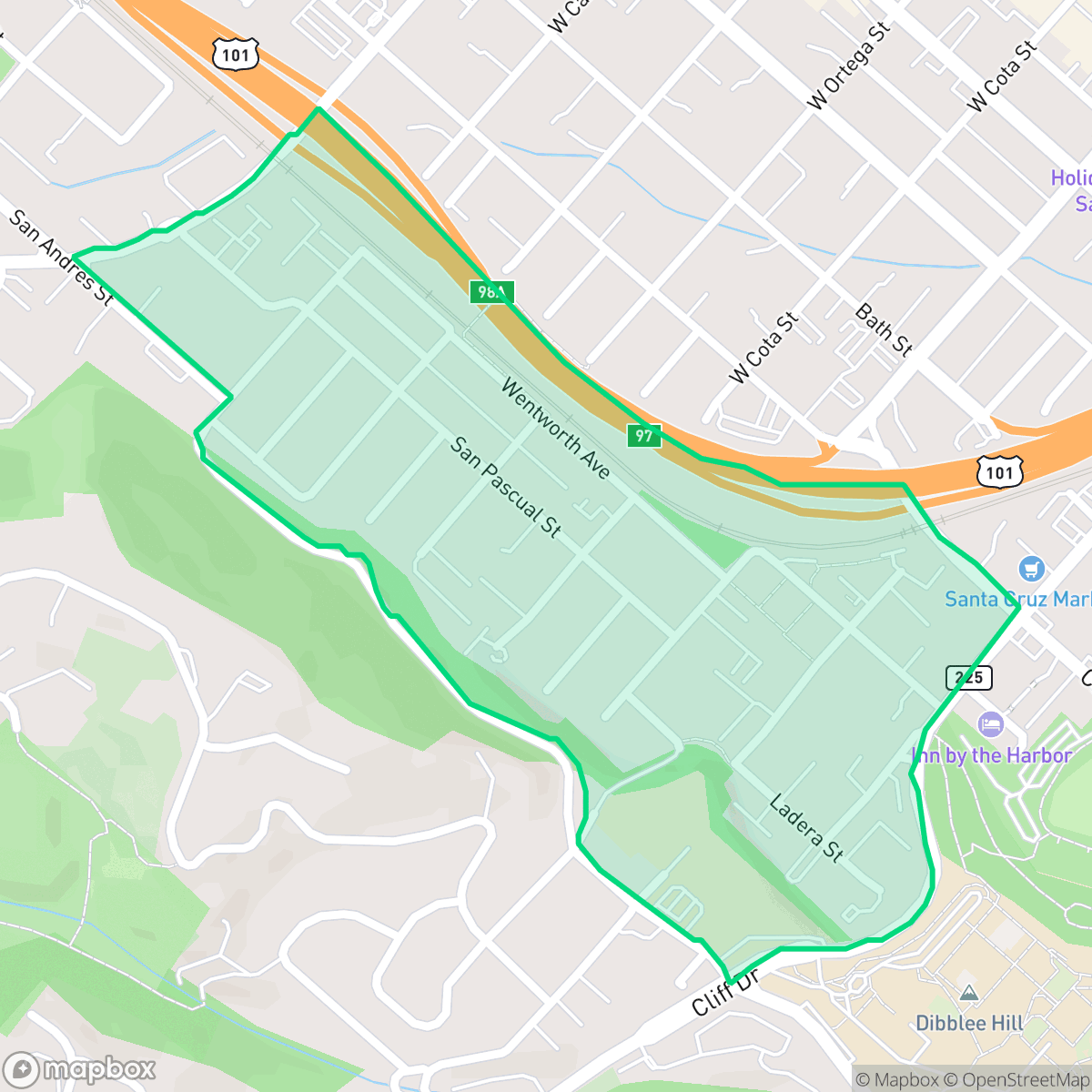 Map showing the location of Lower Westside, Santa Barbara, CA