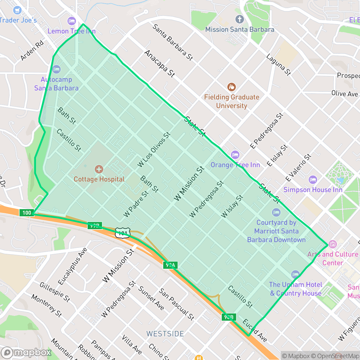 Map showing the location of Oak Park, Santa Barbara, CA