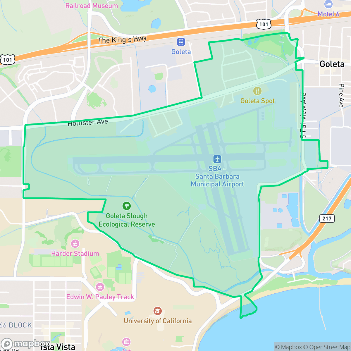 Map showing the location of Santa Barbara Municipal Airport, Santa Barbara, CA