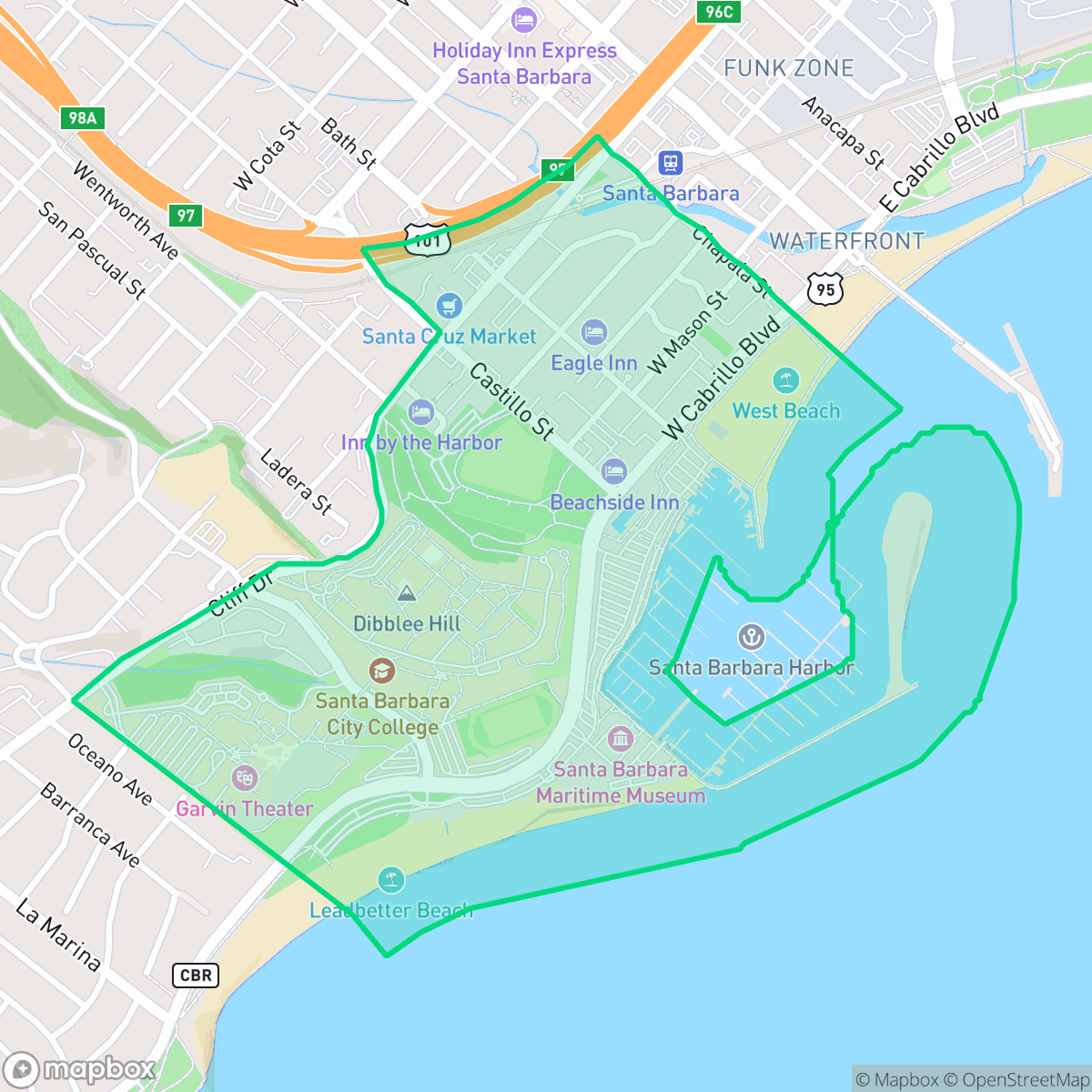 Map showing the location of West Beach, Santa Barbara, CA