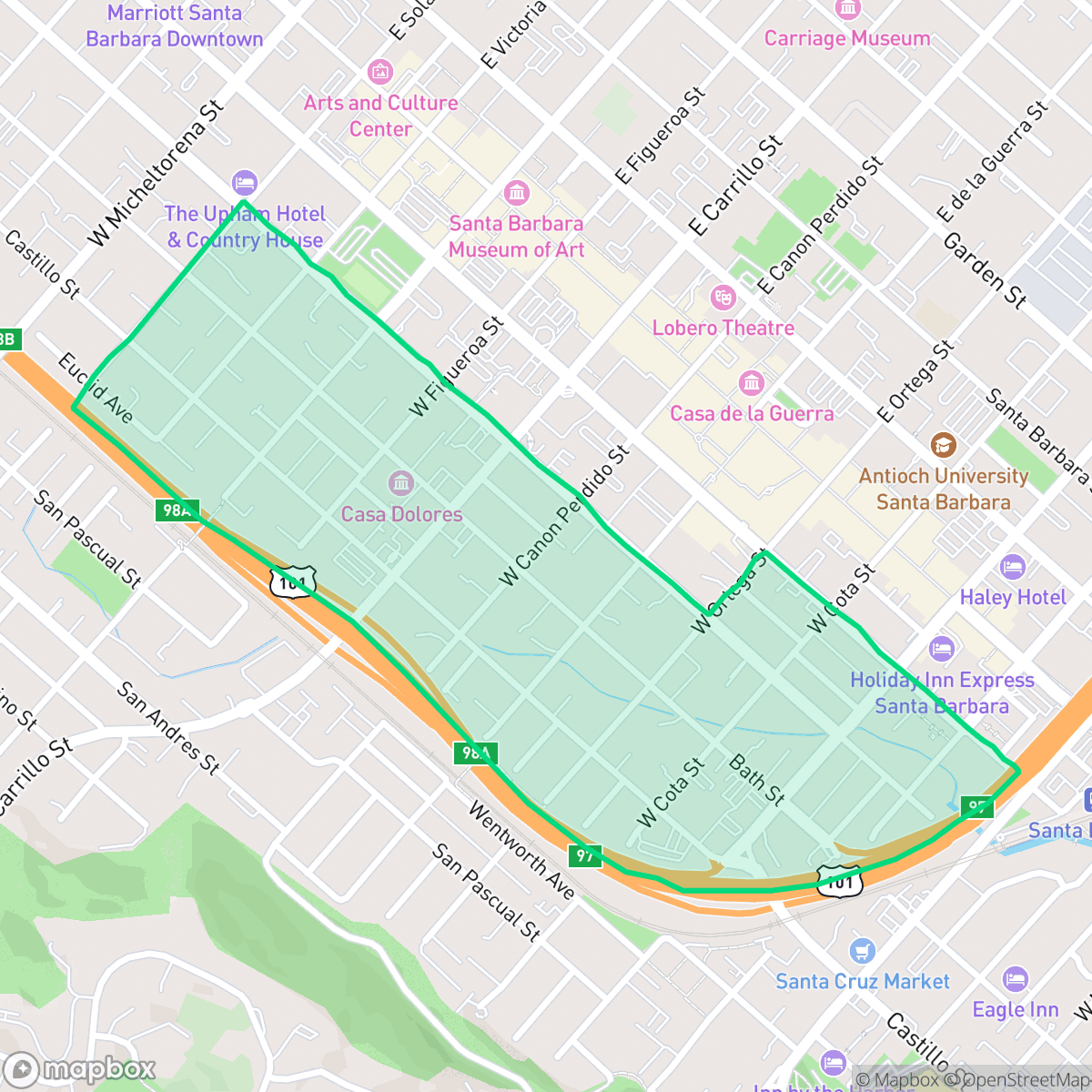 Map showing the location of West Downtown, Santa Barbara, CA